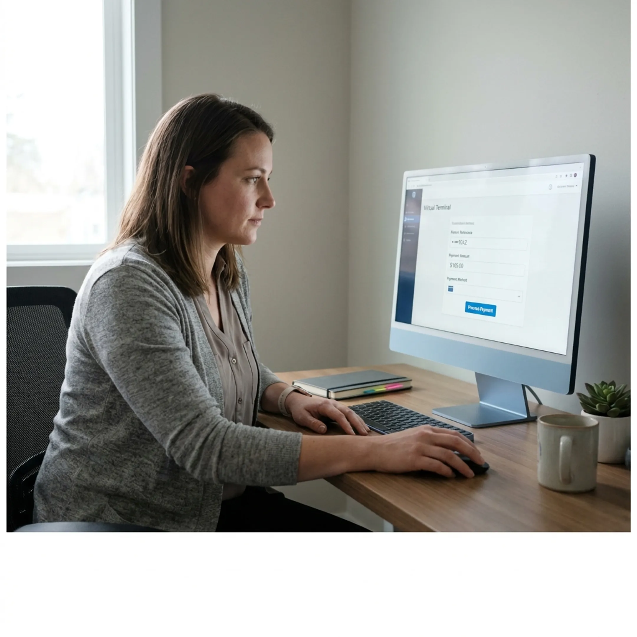 Treatment center staff member using a virtual terminal to process a patient payment