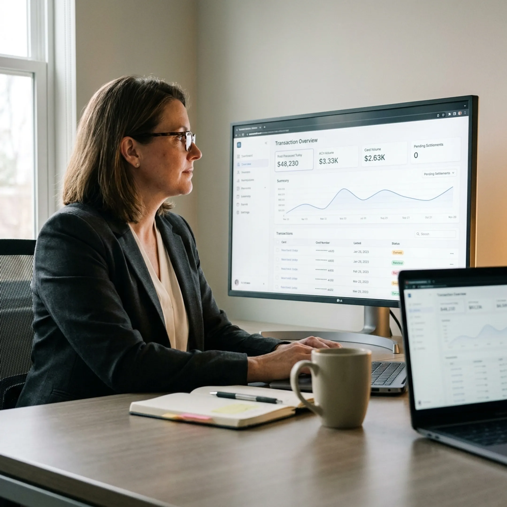 Treatment center administrator reviewing patient payment transactions on a secure dashboard