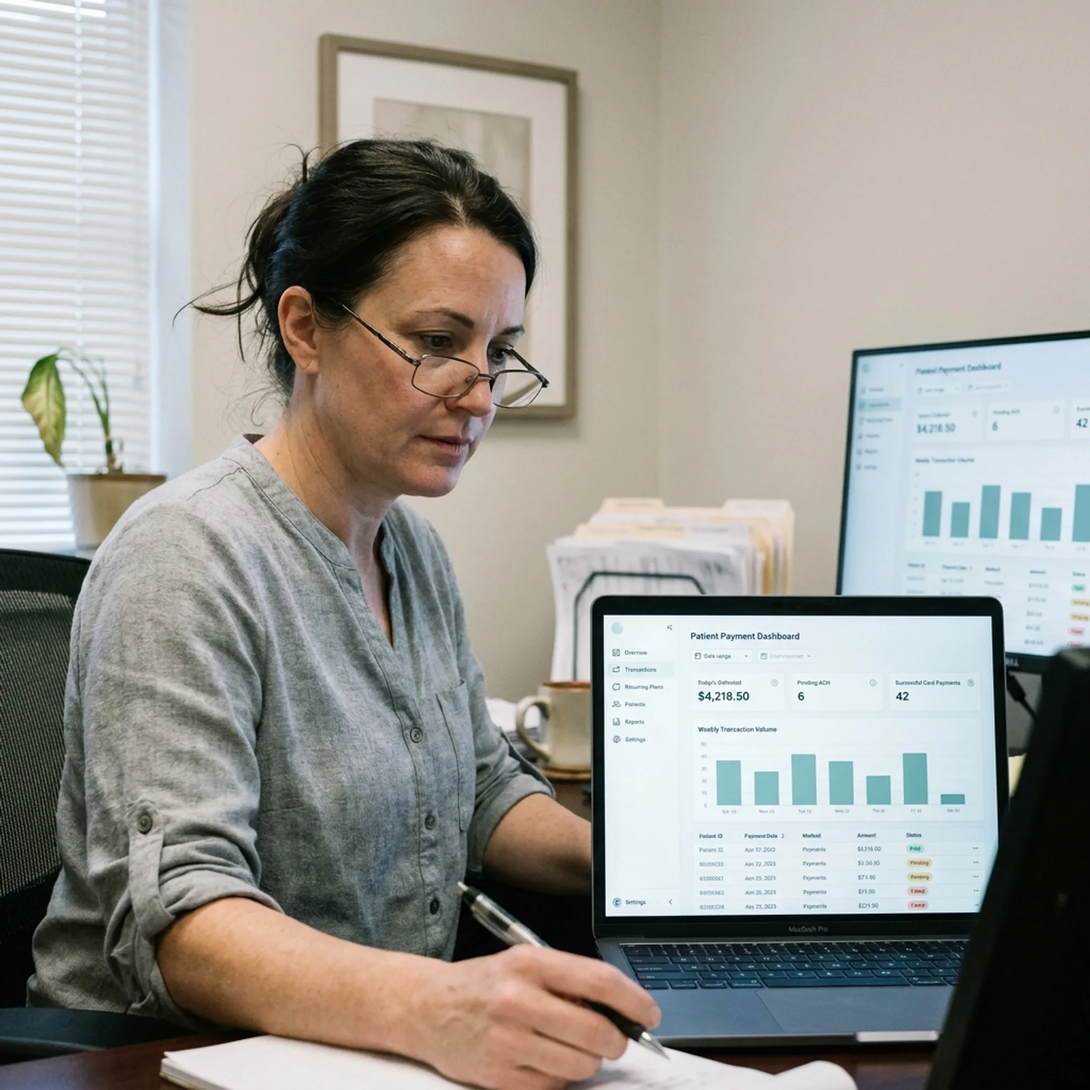 Treatment center administrator reviewing automated payment schedules on a secure dashboard