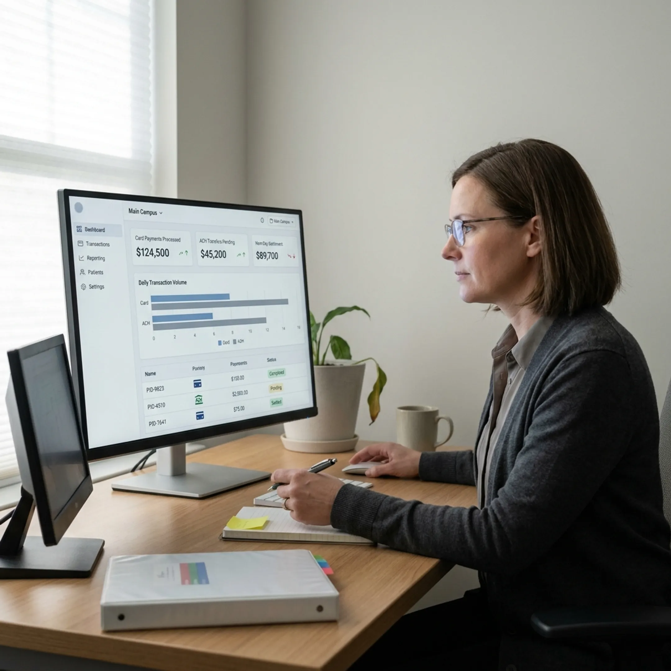 Payment platform dashboard showing treatment center transaction activity