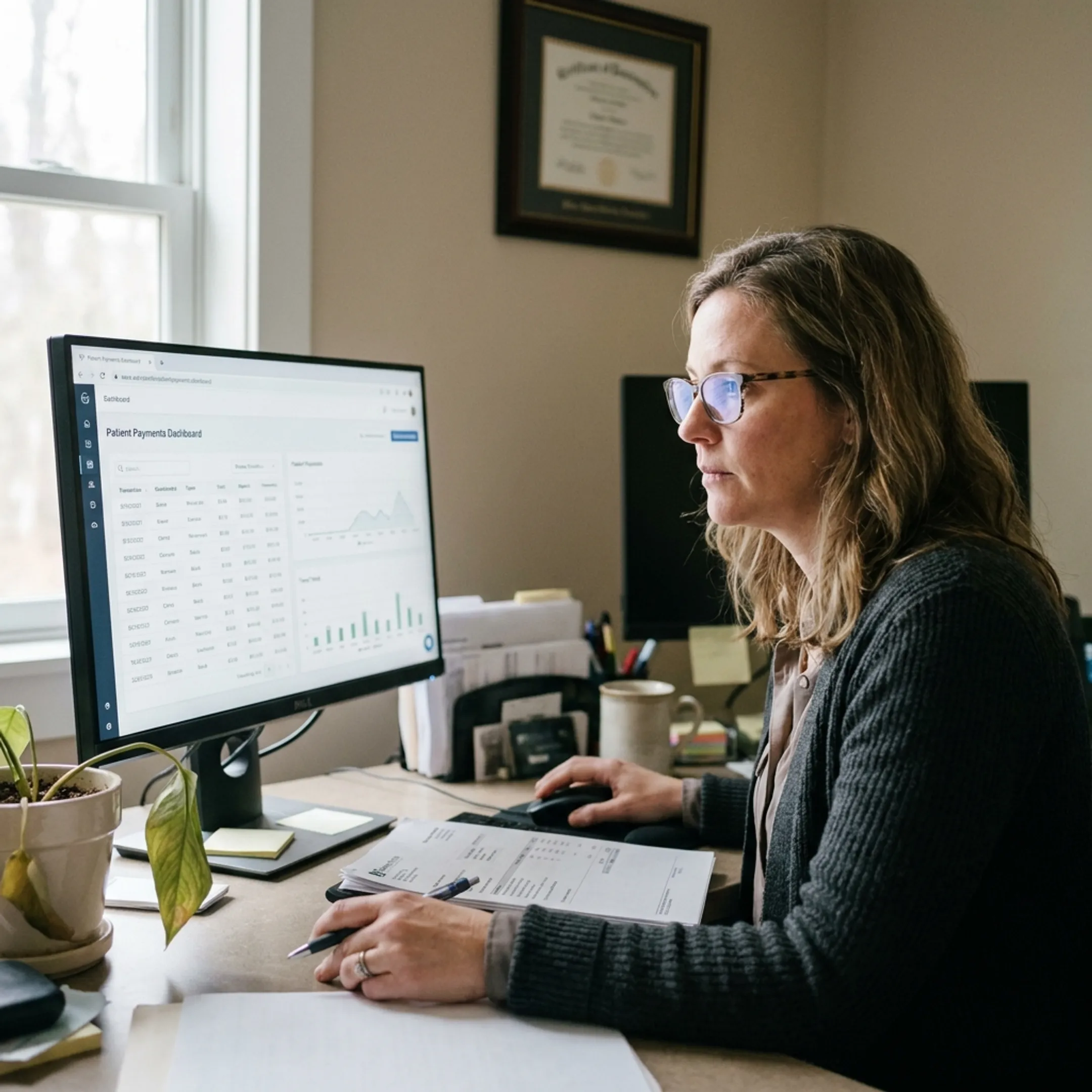Treatment center administrator using secure online payment processing dashboard