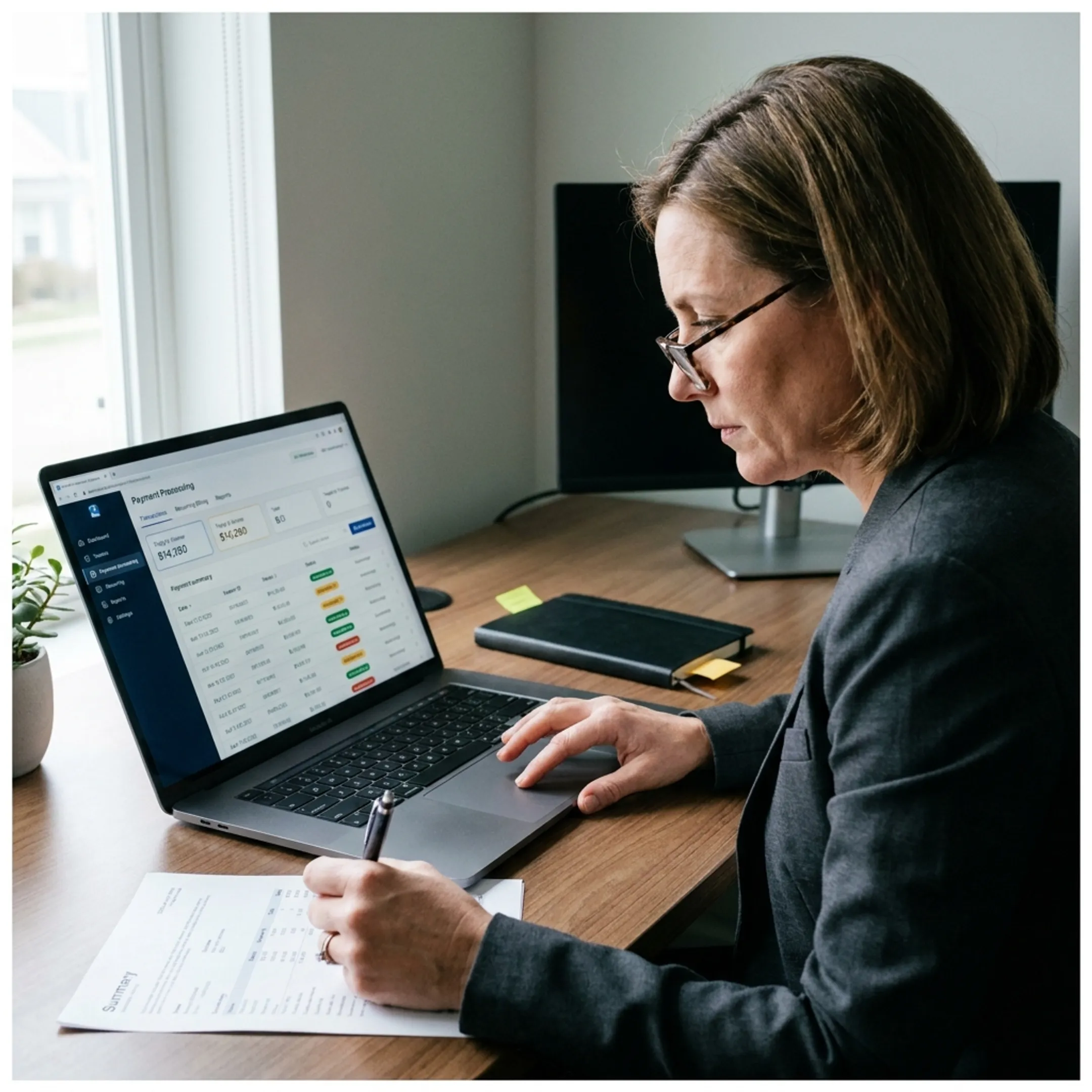 Treatment center administrator reviewing payment processing results