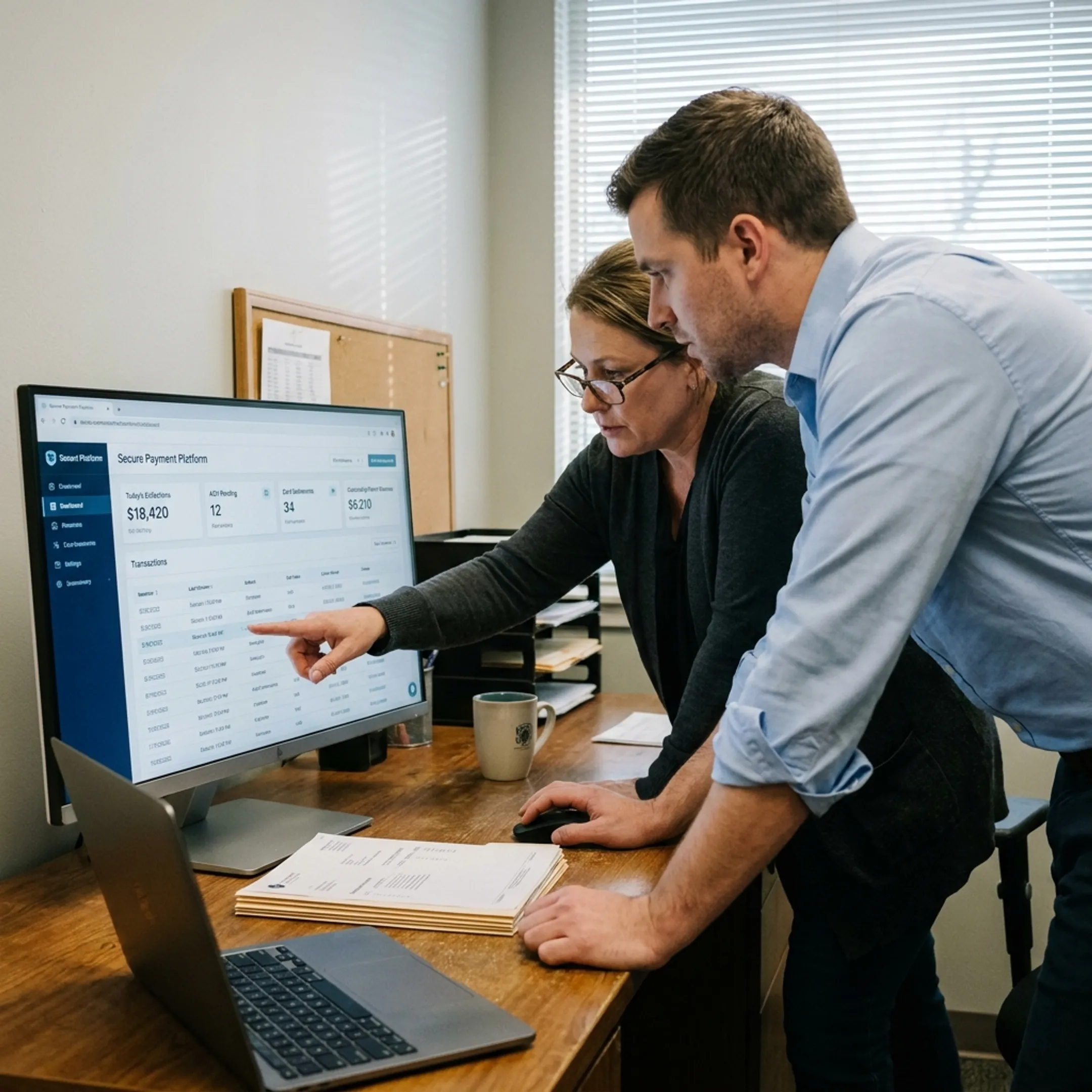 Treatment center staff using secure automated payment software to manage patient billing