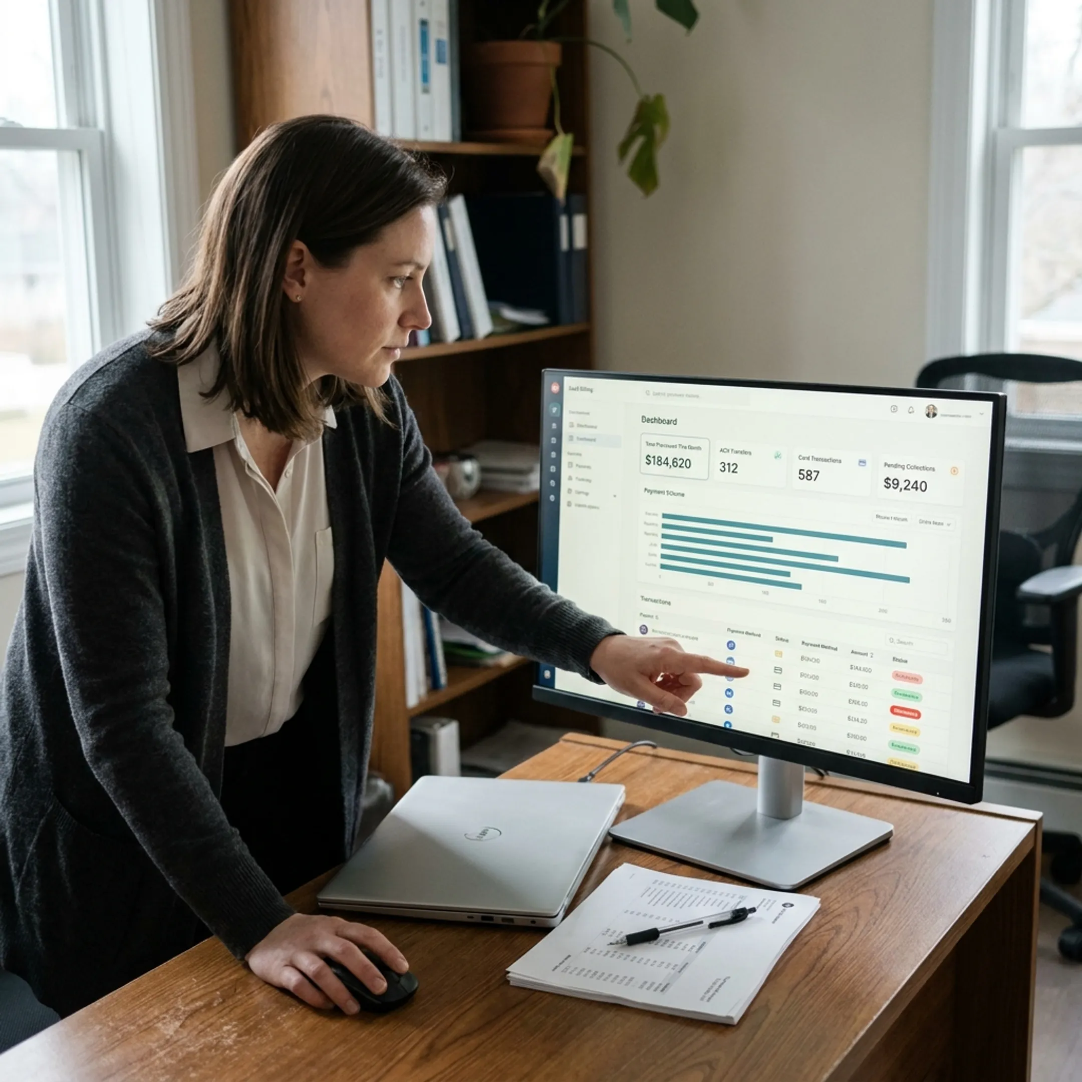 Treatment center administrator reviewing automated billing payments on a secure software dashboard