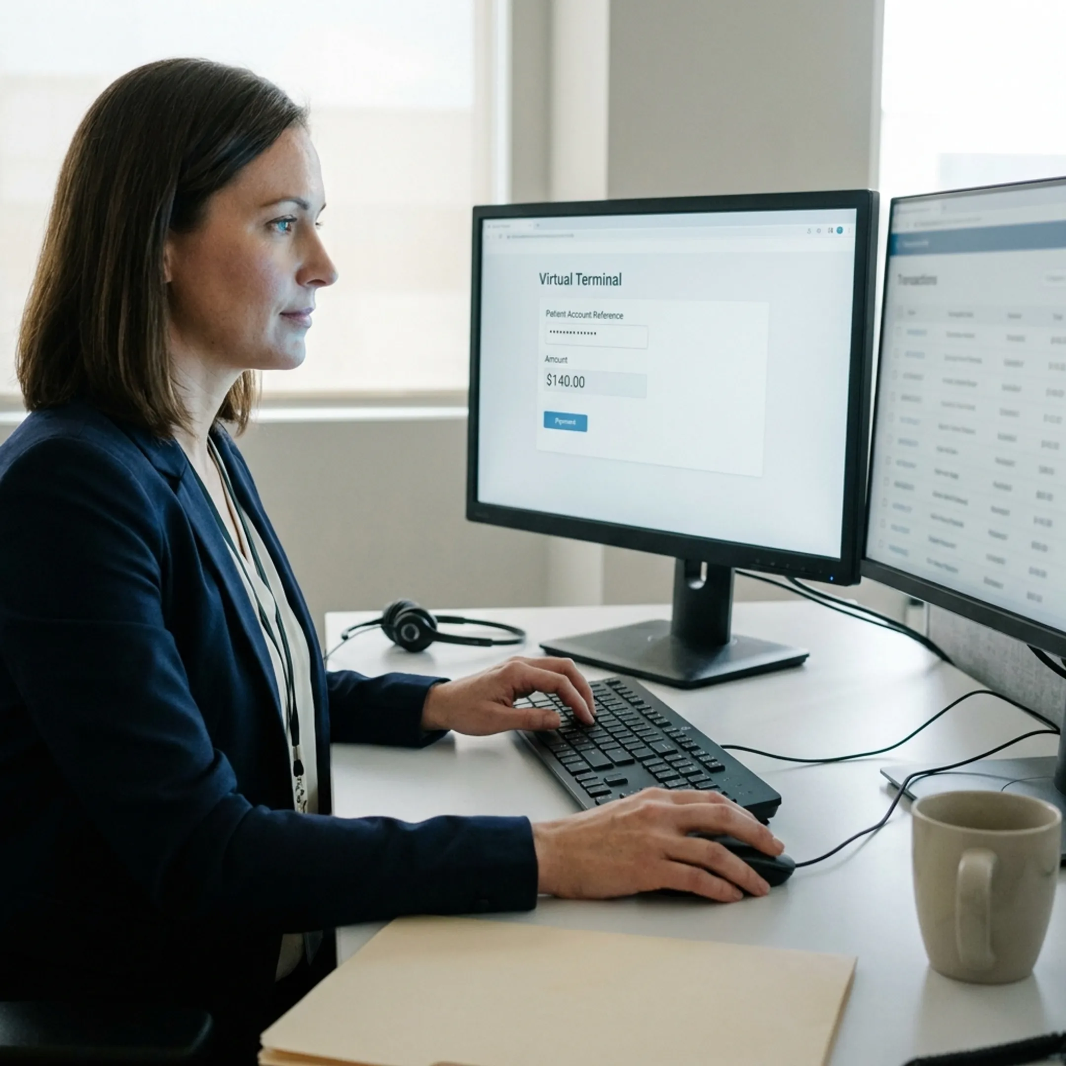 Treatment center staff using a secure virtual terminal to process a patient payment