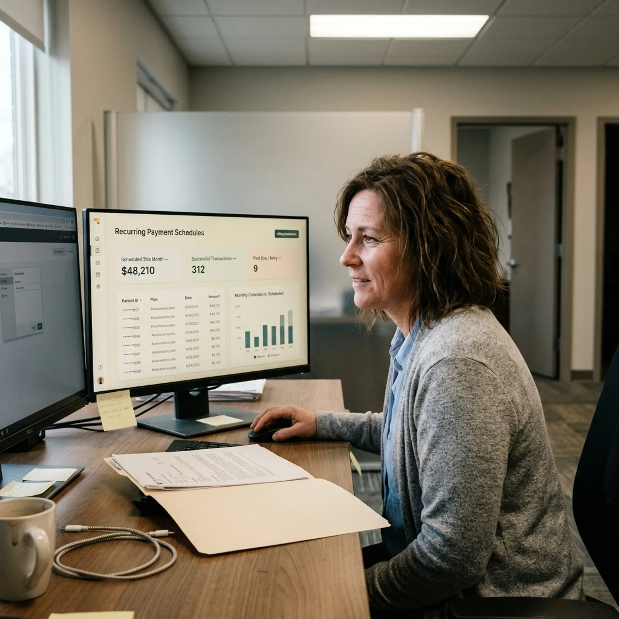 Treatment center administrator reviewing recurring payment schedules on a secure billing dashboard