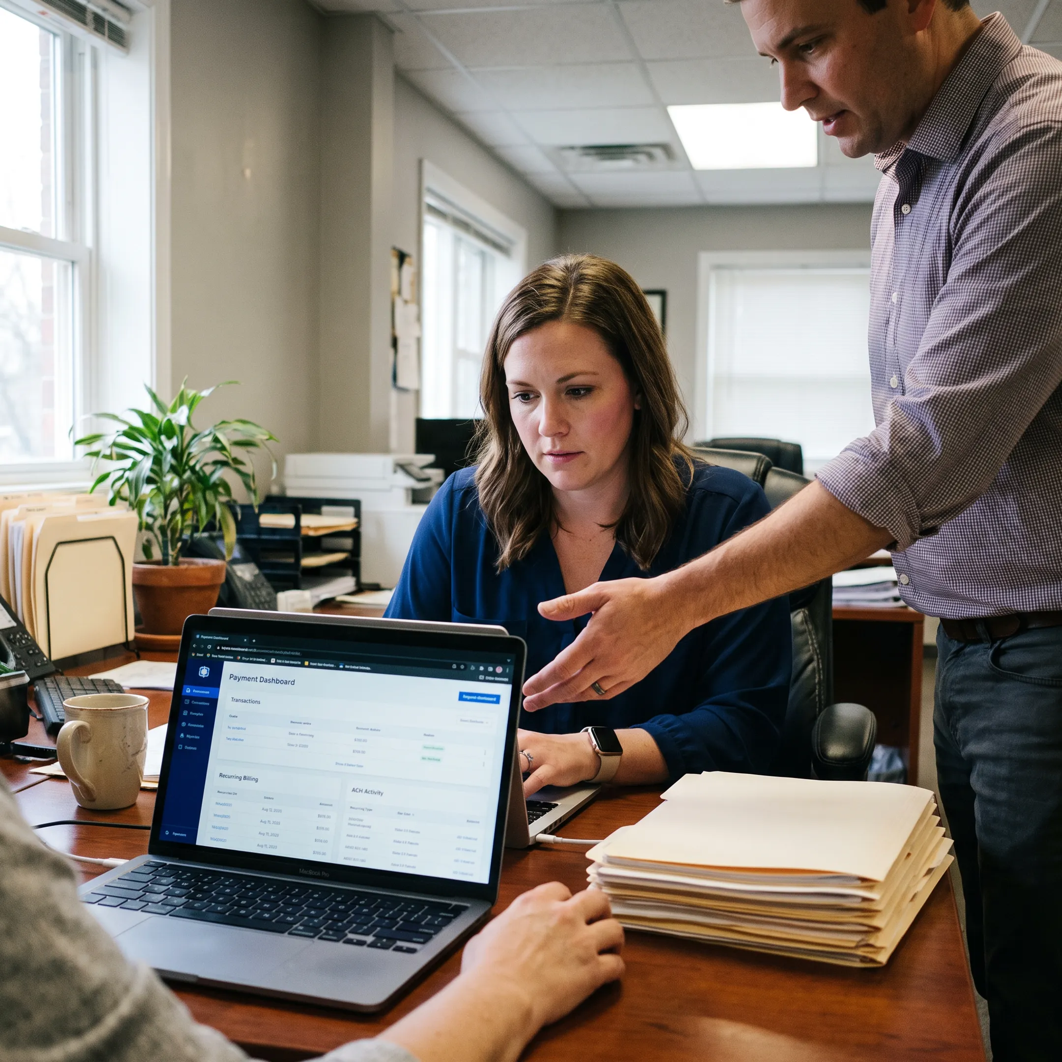 Treatment center staff managing automated recurring payments through a secure financial platform