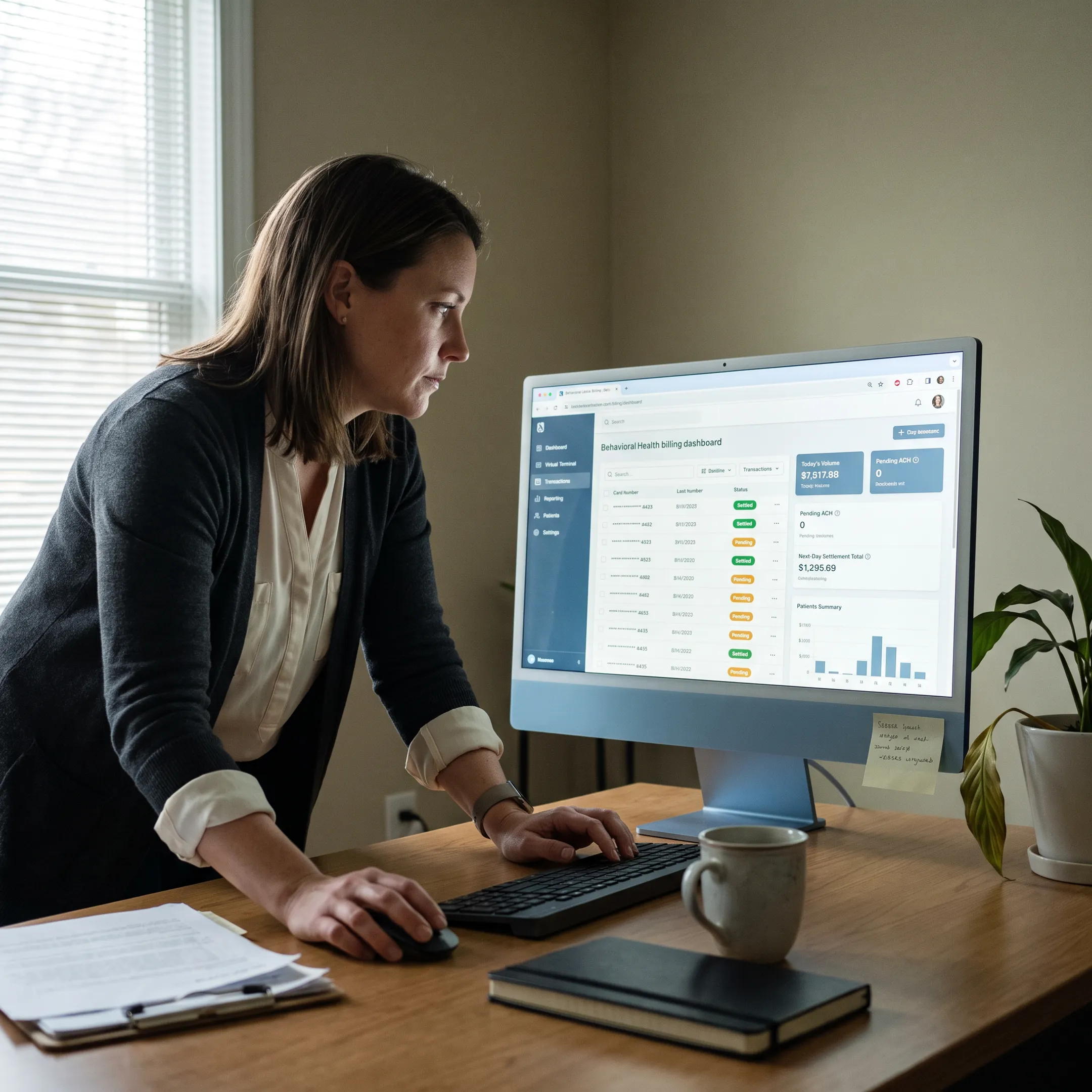 Behavioral health billing professional reviewing virtual terminal payment activity