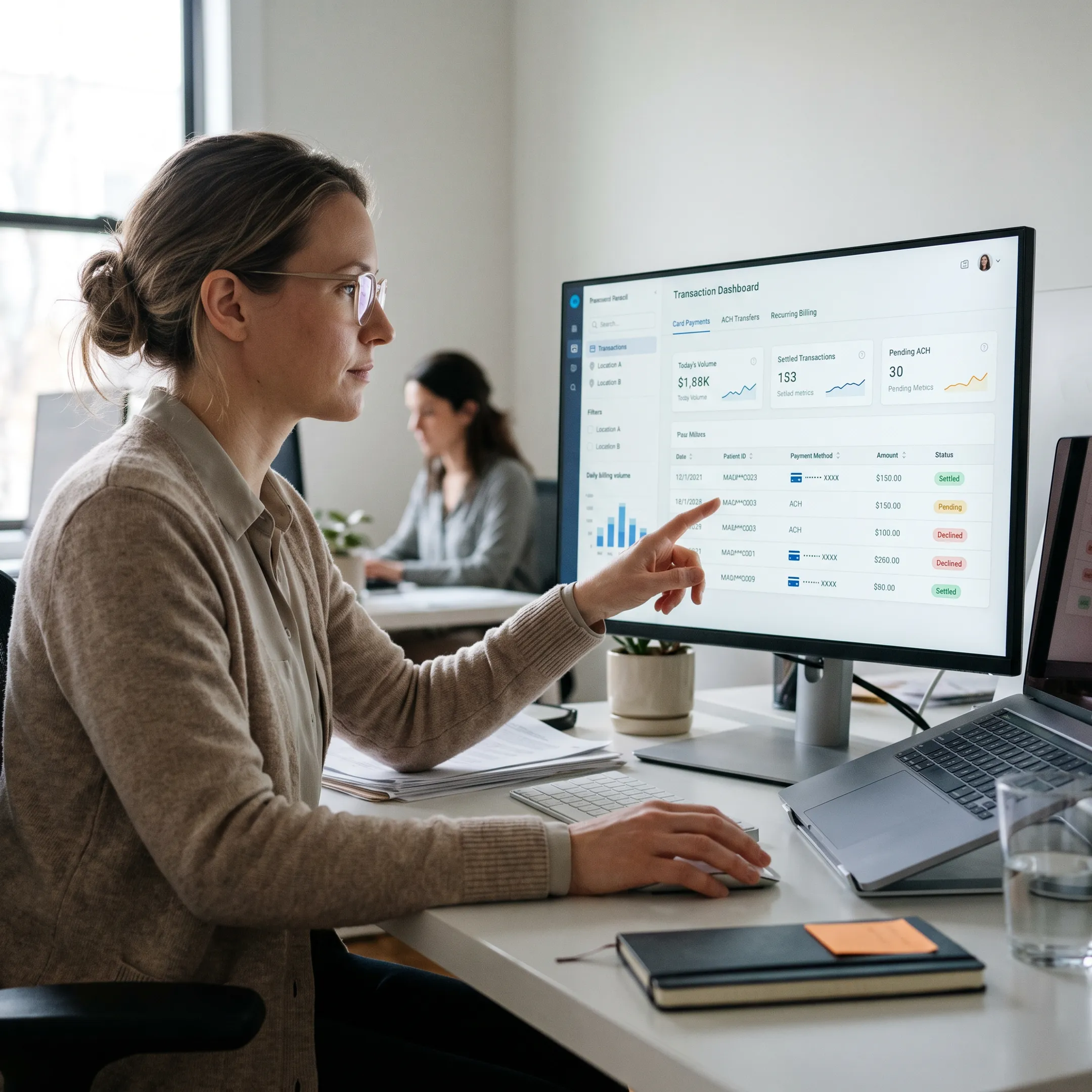 Payment specialist reviewing treatment center transactions on a secure digital dashboard