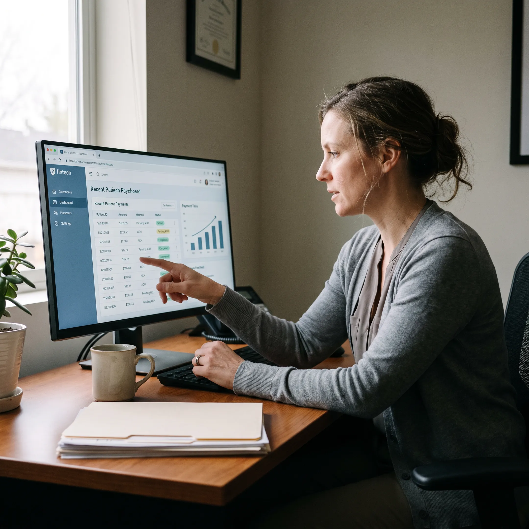 Treatment center administrator reviewing recurring patient payments on a secure financial dashboard
