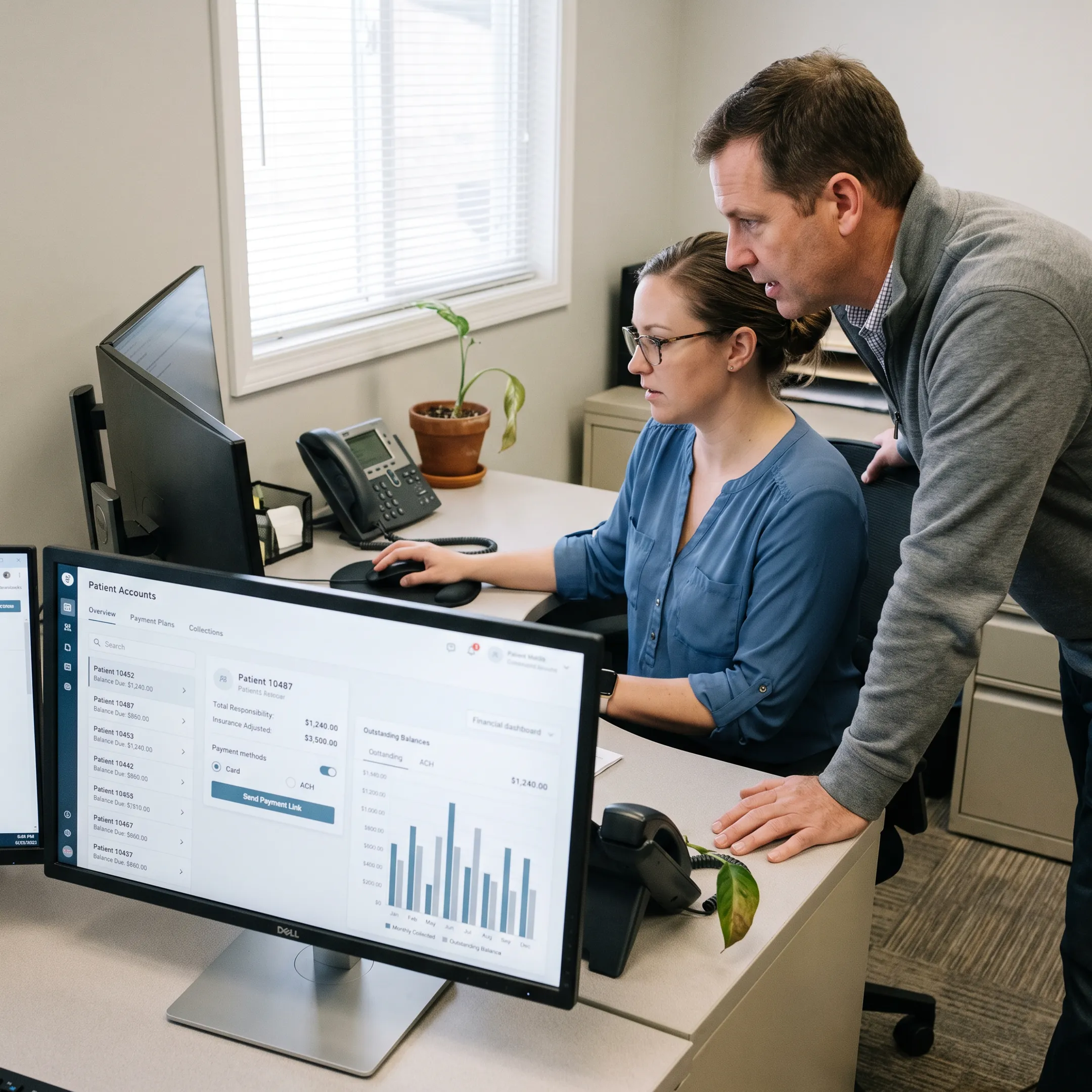 Treatment center staff reviewing patient responsibility calculations and payment options on a computer