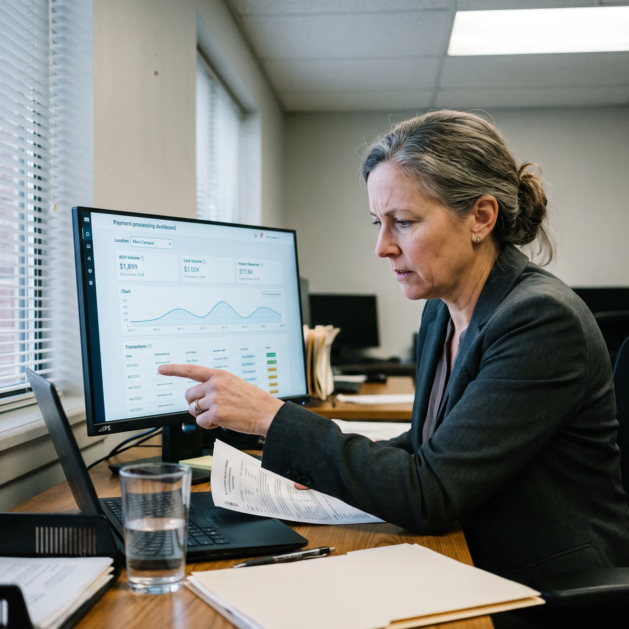 Treatment center administrator reviewing ACH and card payment activity on a secure dashboard