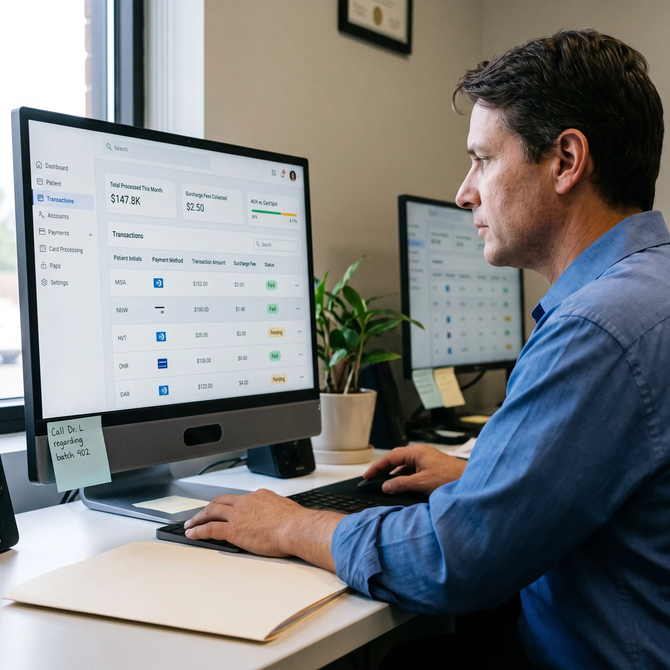 Secure payment dashboard showing treatment center surcharge transaction details