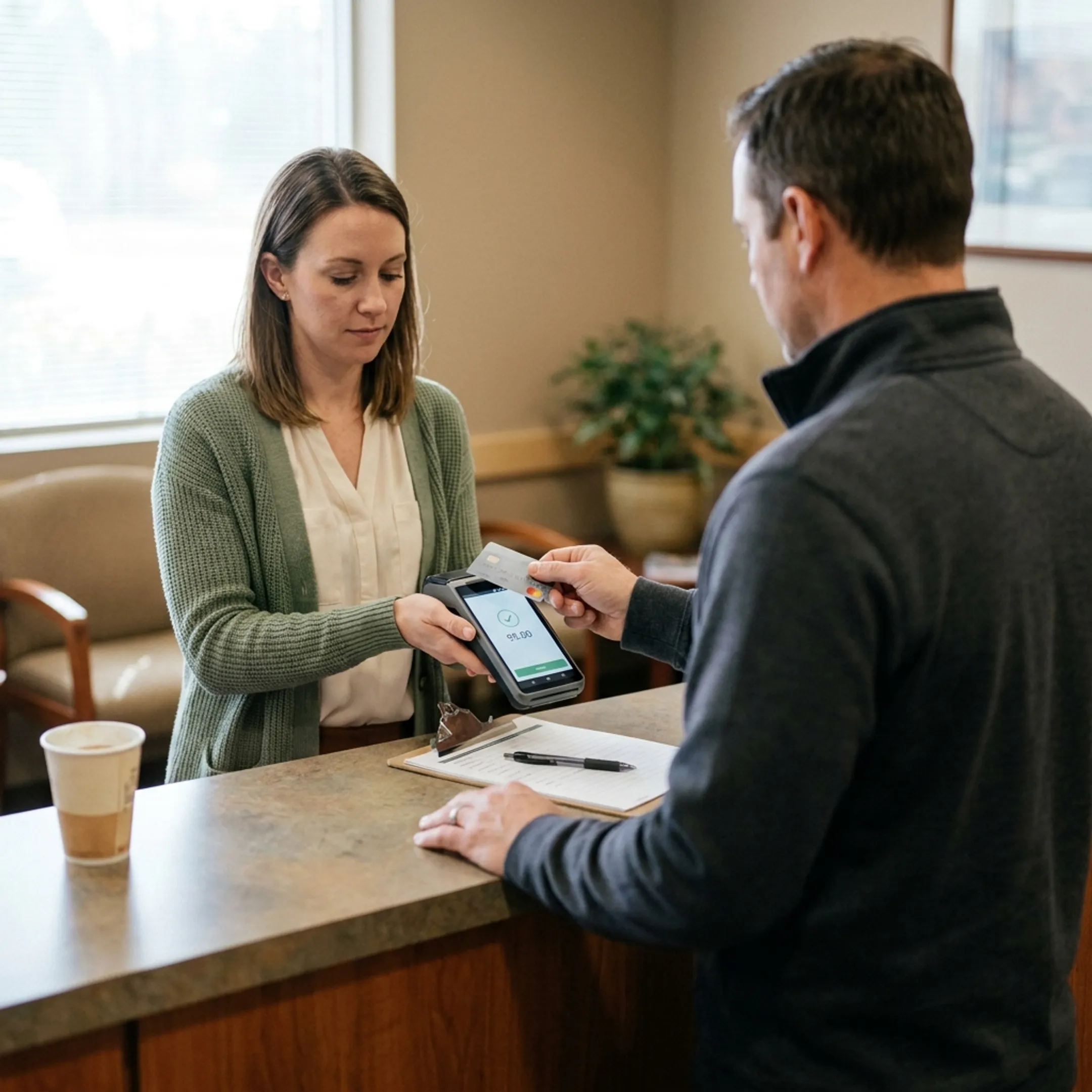 Treatment centre staff using a secure debit card payment terminal