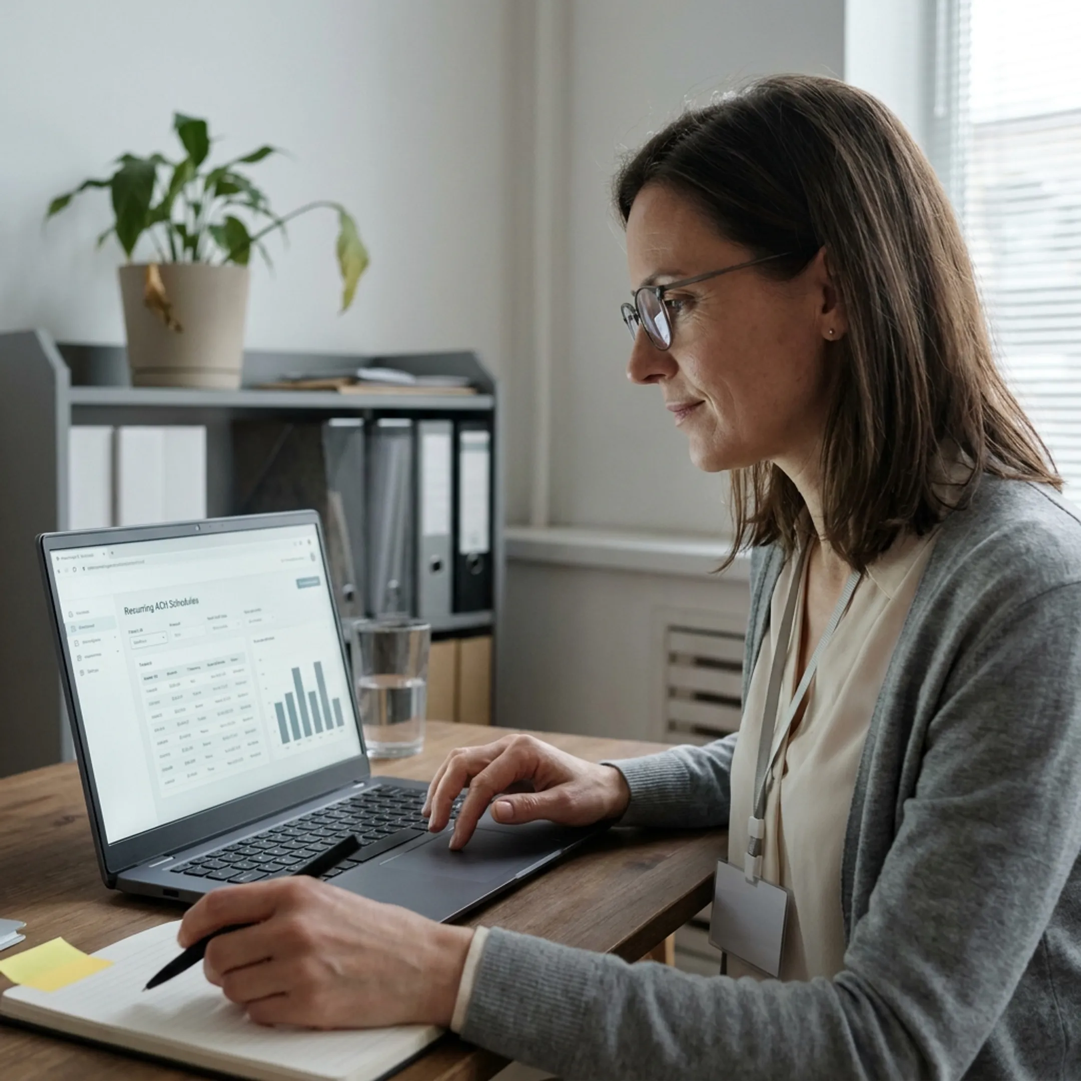 Treatment center administrator reviewing recurring ACH payment activity