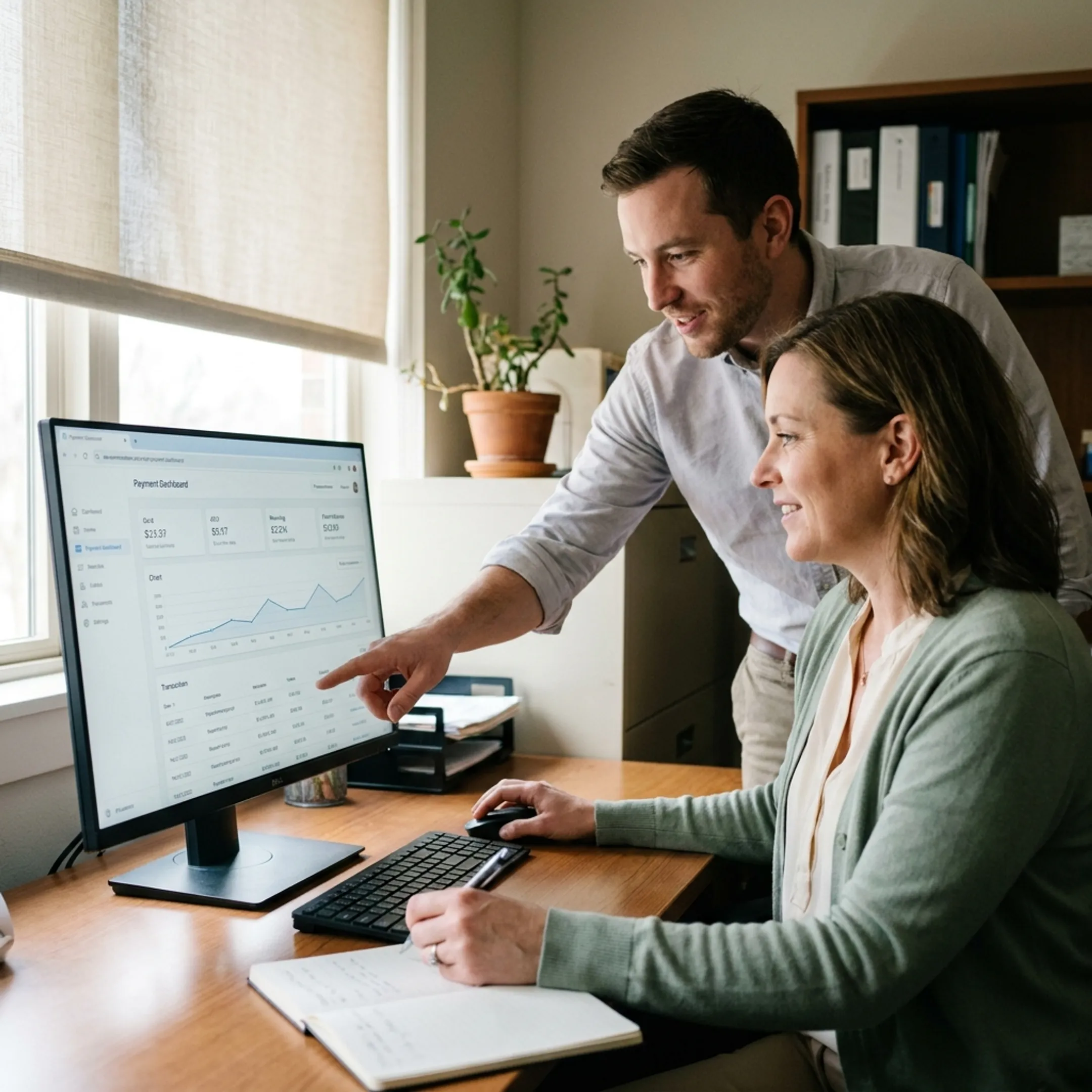 Treatment center administrator reviewing secure payment processing dashboard