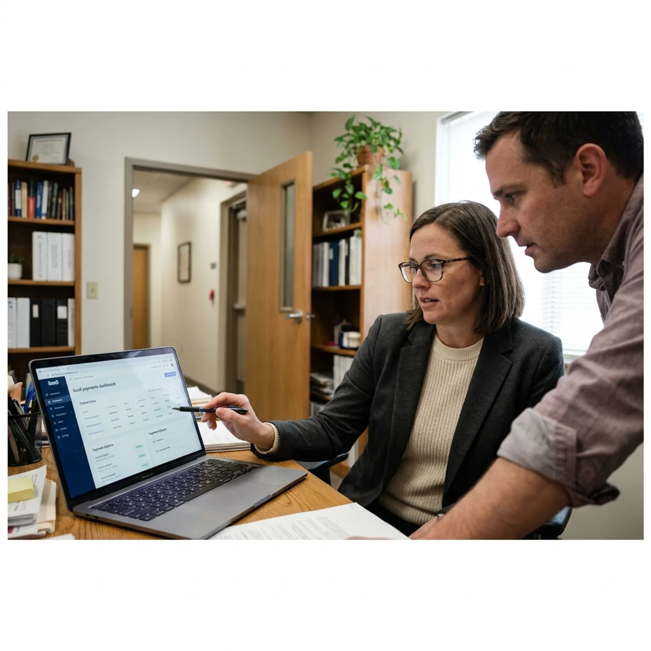 Payment specialist helping treatment center staff review billing options