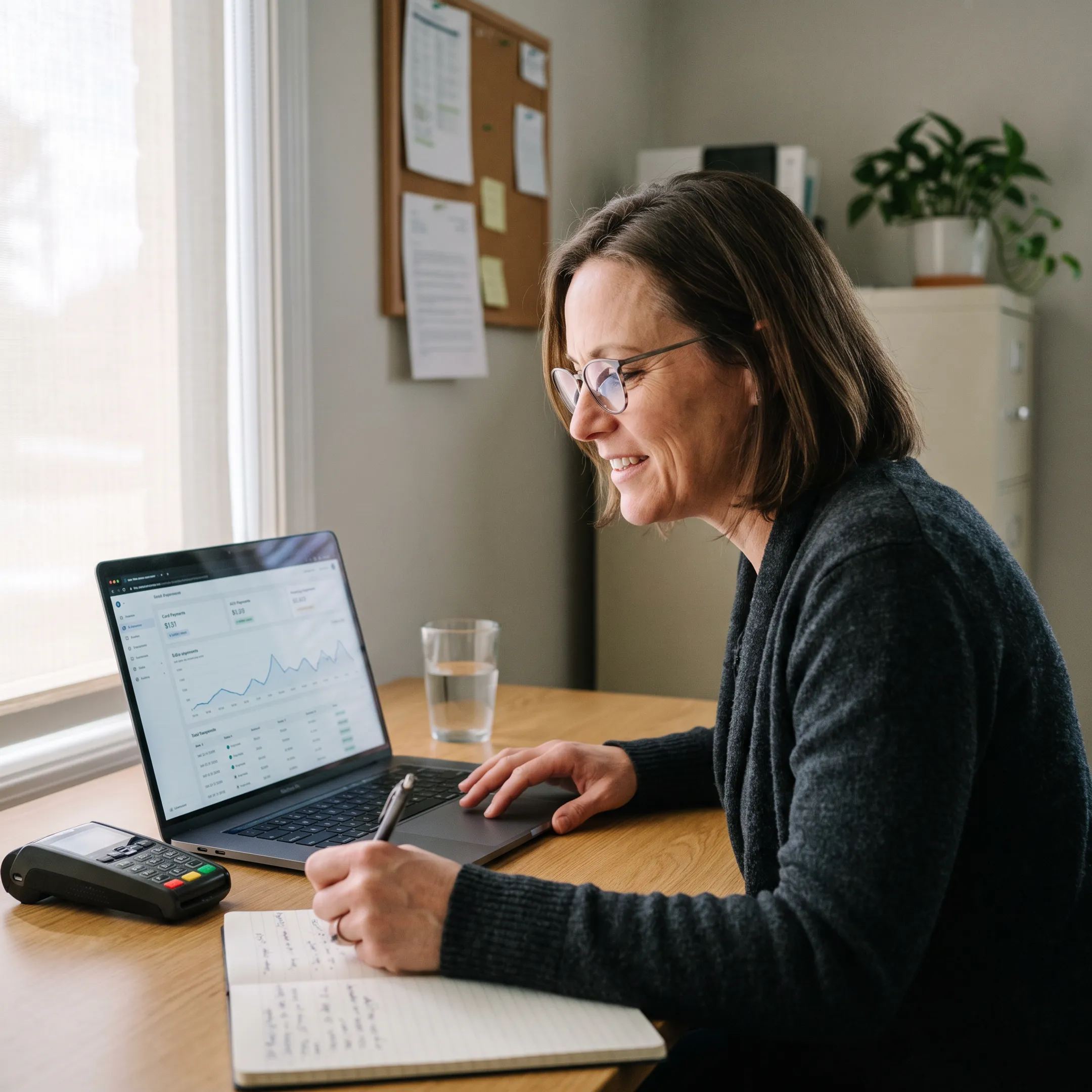 Treatment center administrator reviewing secure medical payment processing dashboard