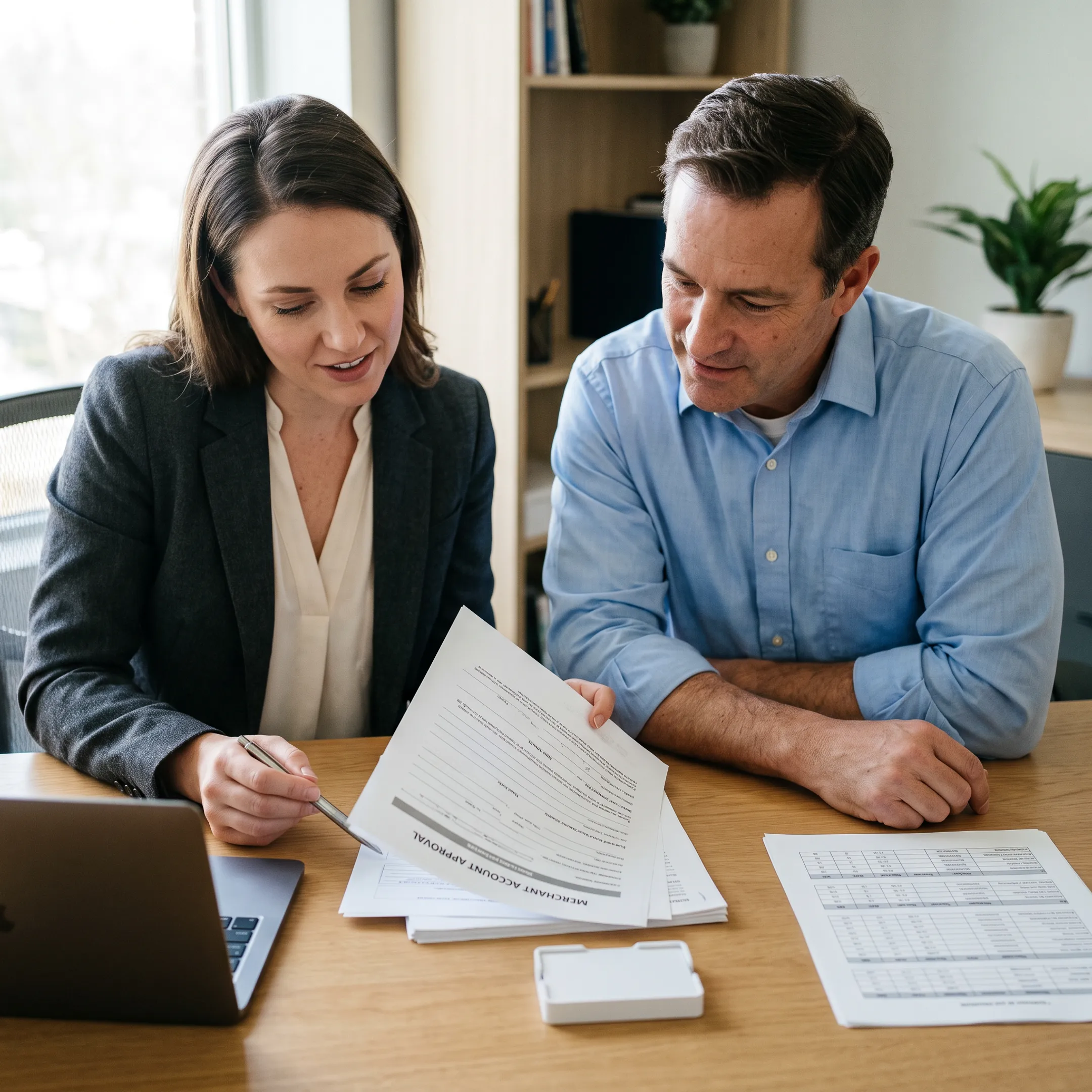 Payment specialist helping a treatment center review merchant account approval documents