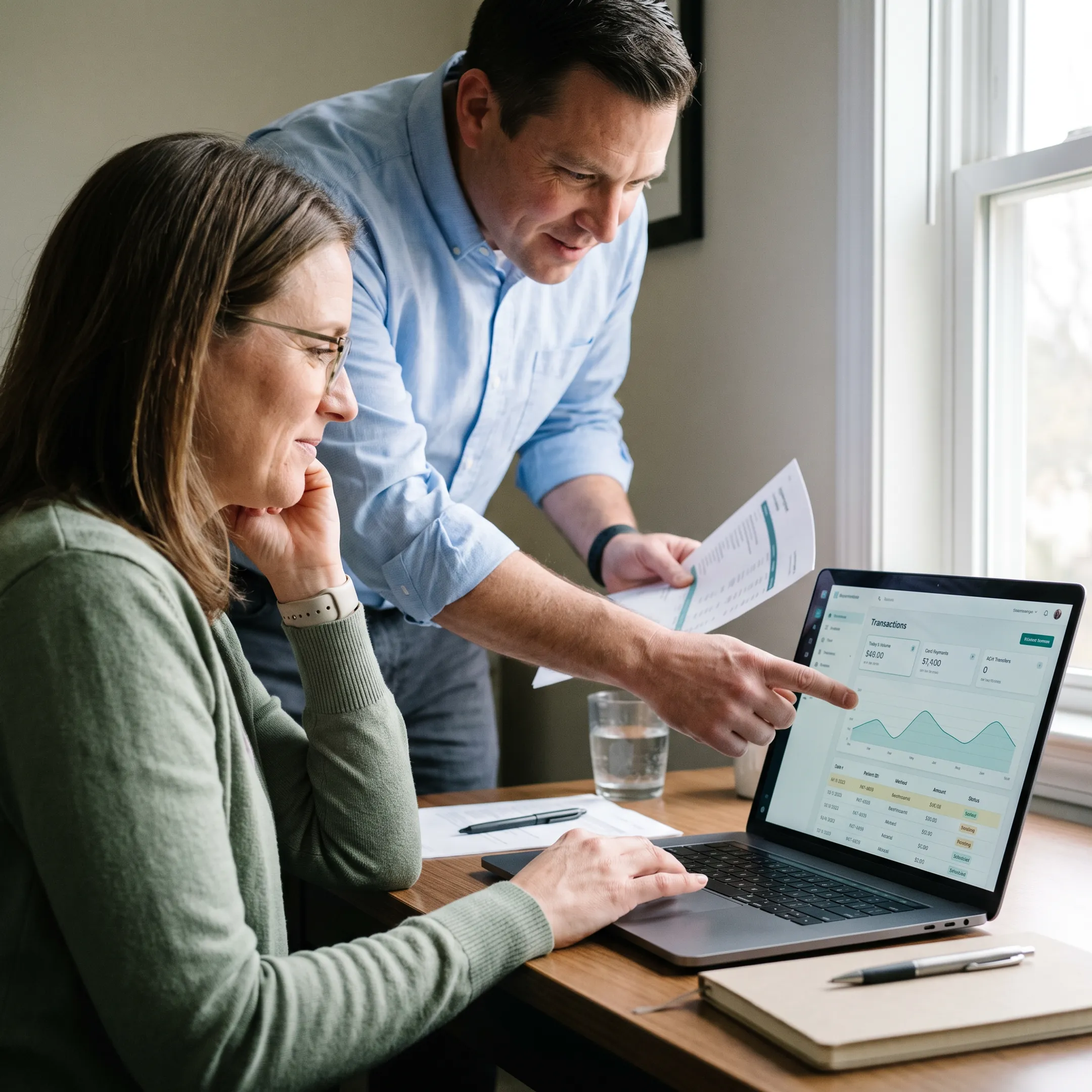 Payment specialist reviewing treatment-center payment transactions on a secure digital dashboard