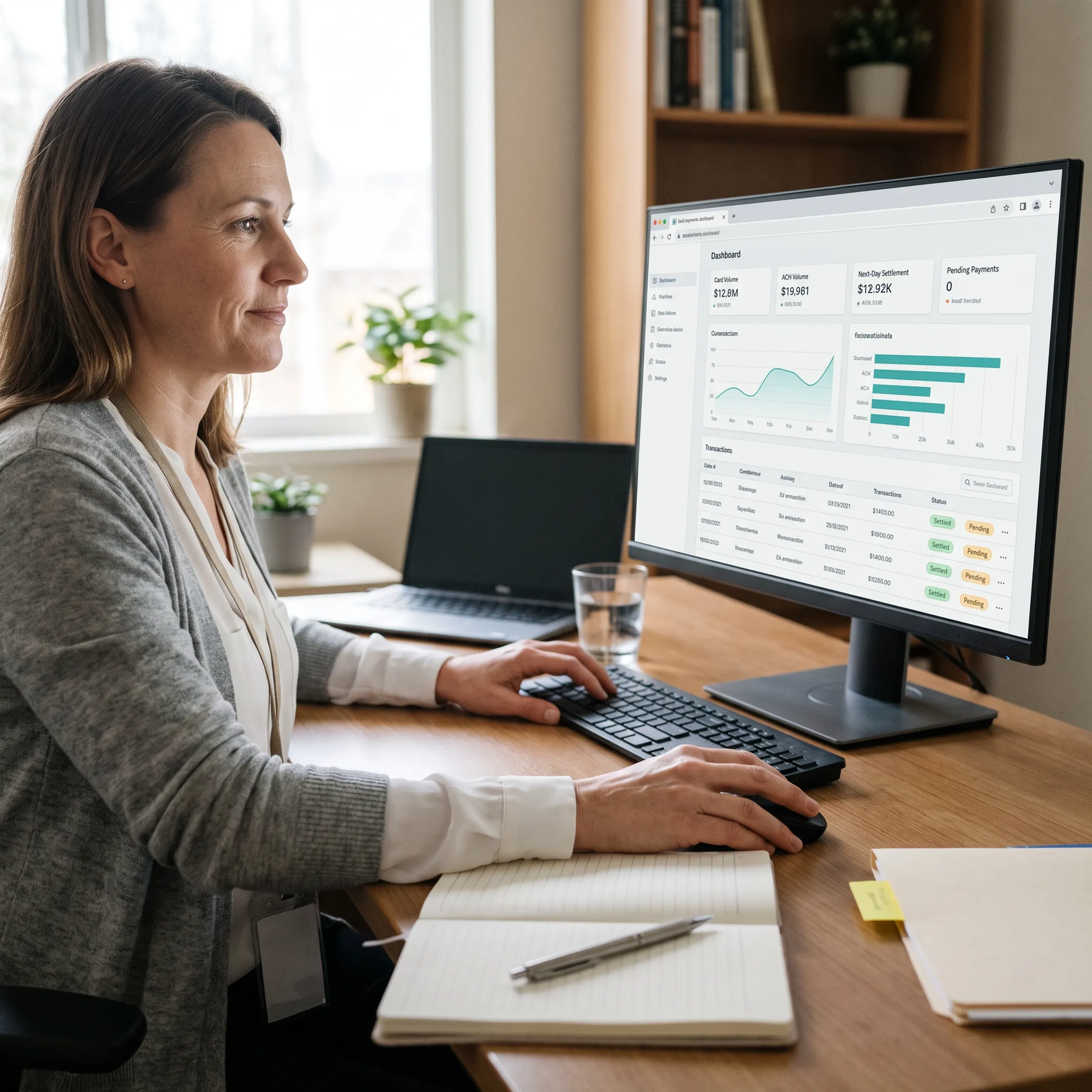 Treatment center administrator reviewing secure payment processing dashboard
