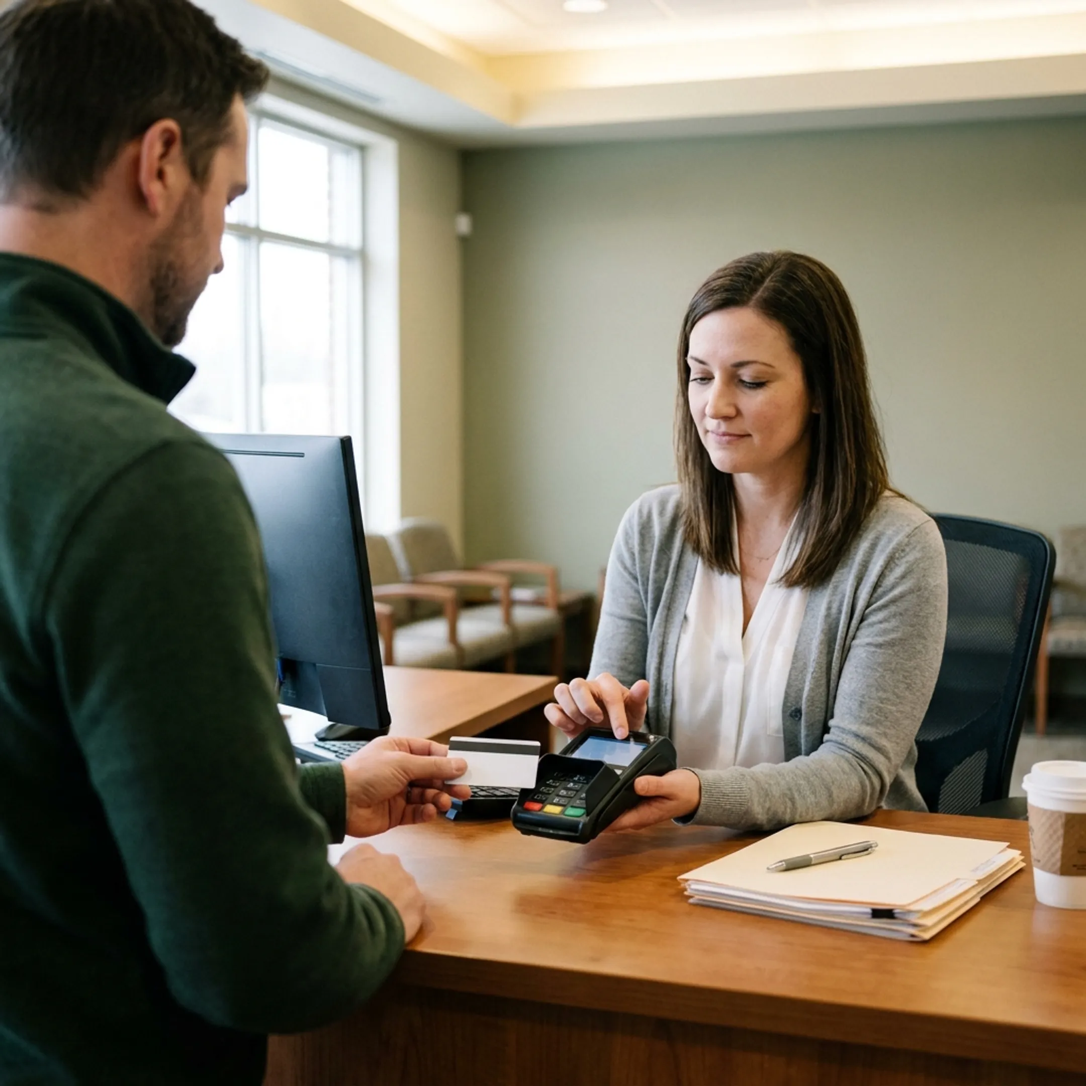Treatment center staff using a secure card payment terminal for a patient transaction