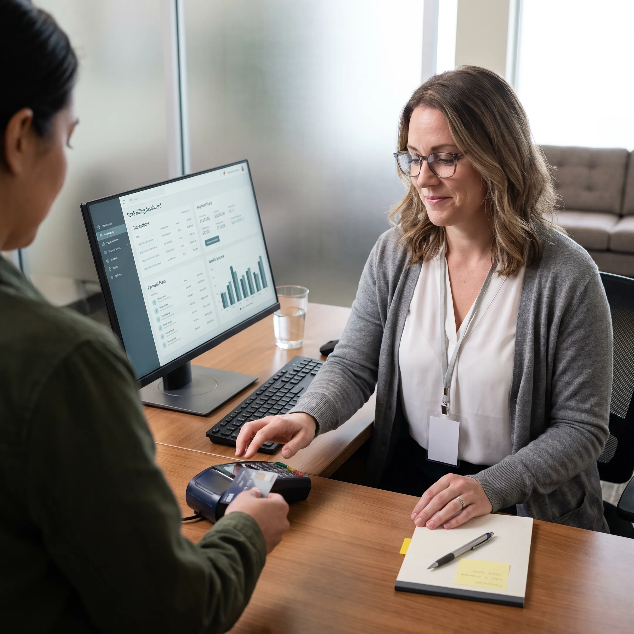 Treatment center staff using a secure payment terminal for patient billing