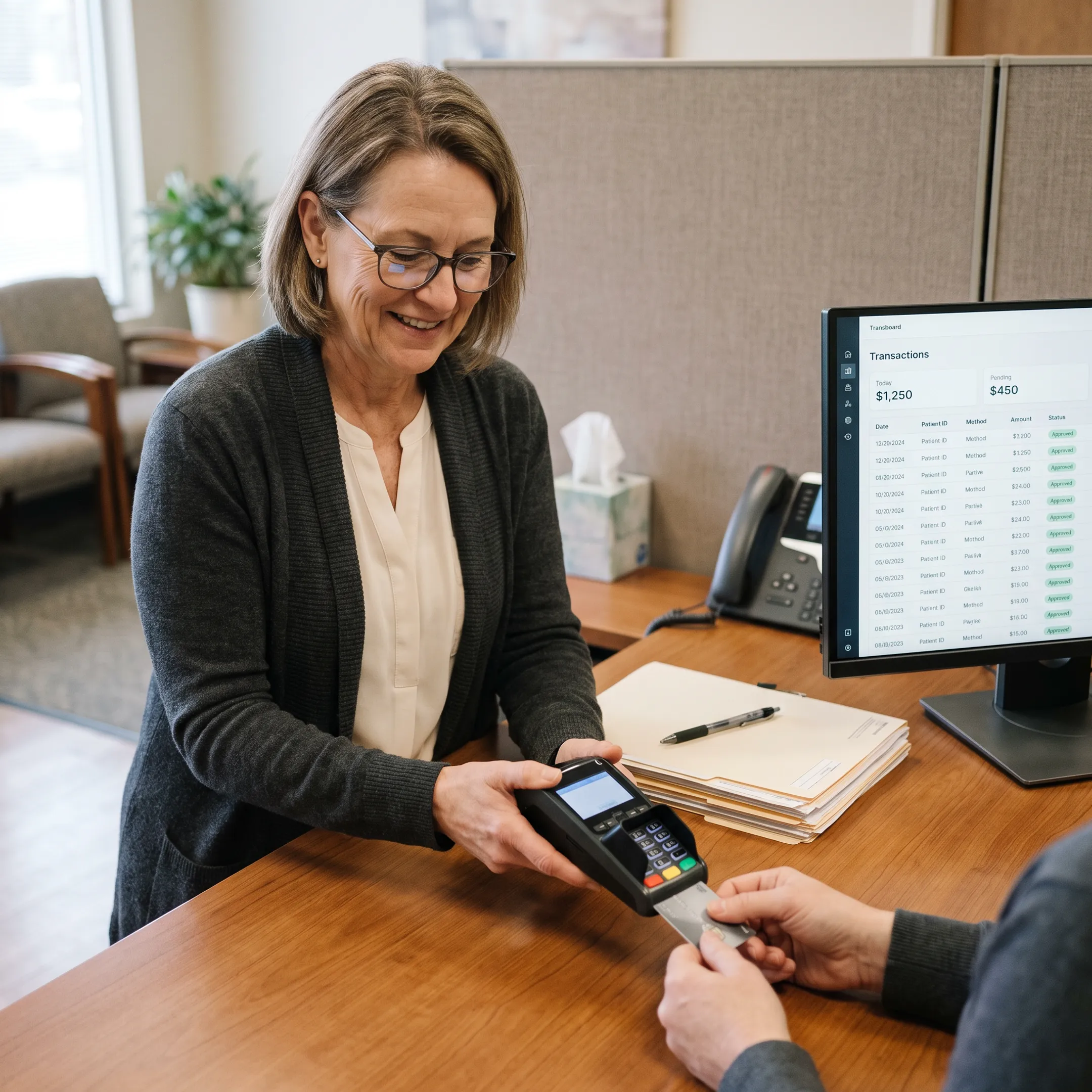 Treatment Center staff using a secure card payment terminal and digital payment dashboard