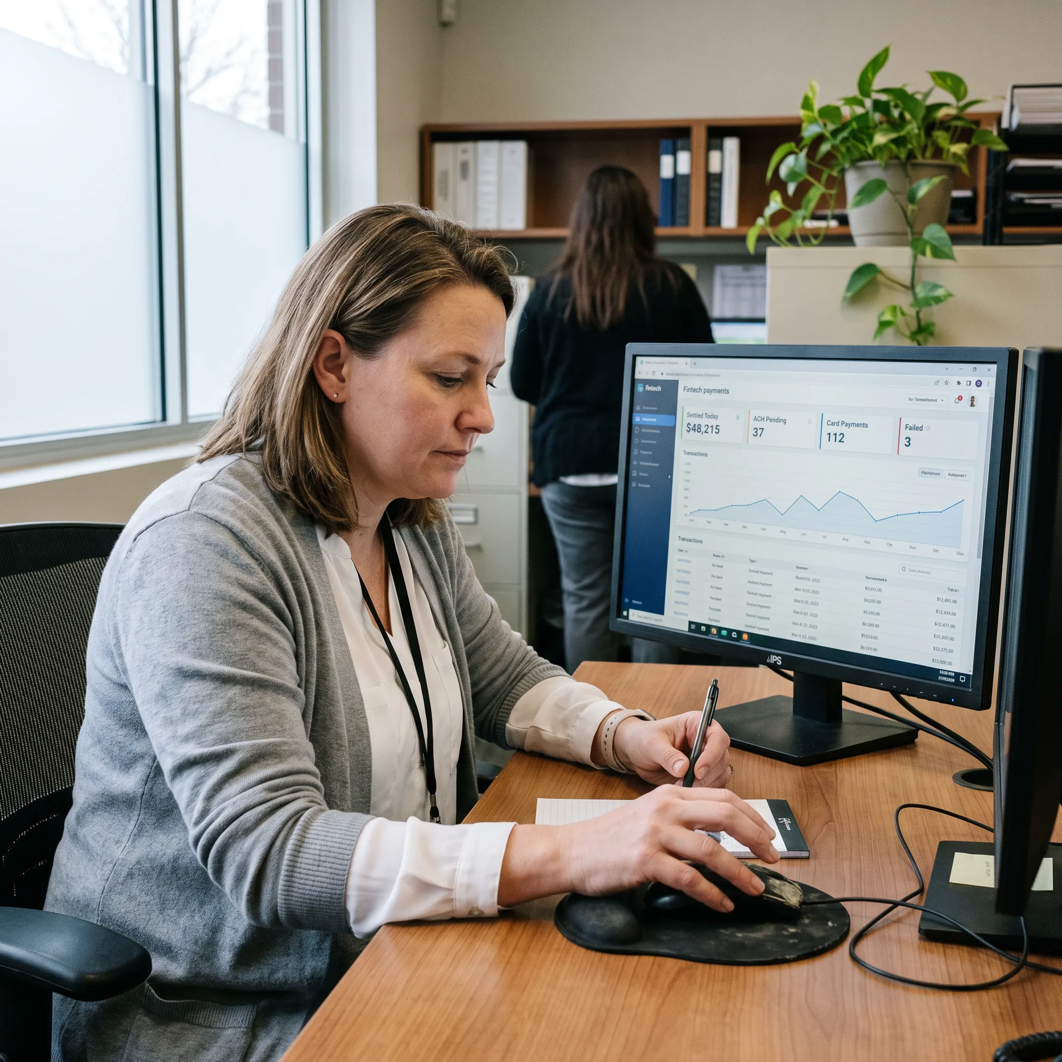 Treatment center operator reviewing ACH payment transactions on a secure financial dashboard