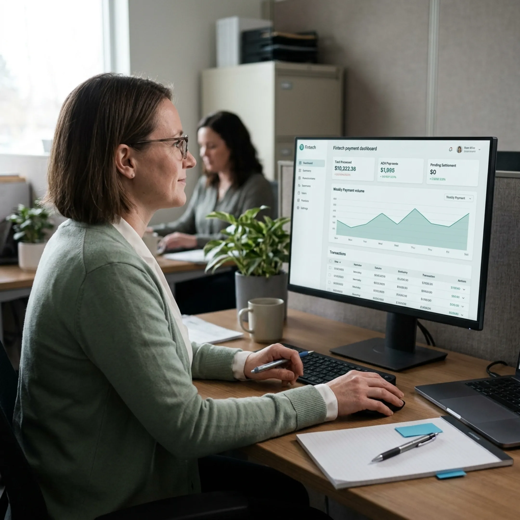 Financial administrator reviewing secure ACH payment activity for a treatment center