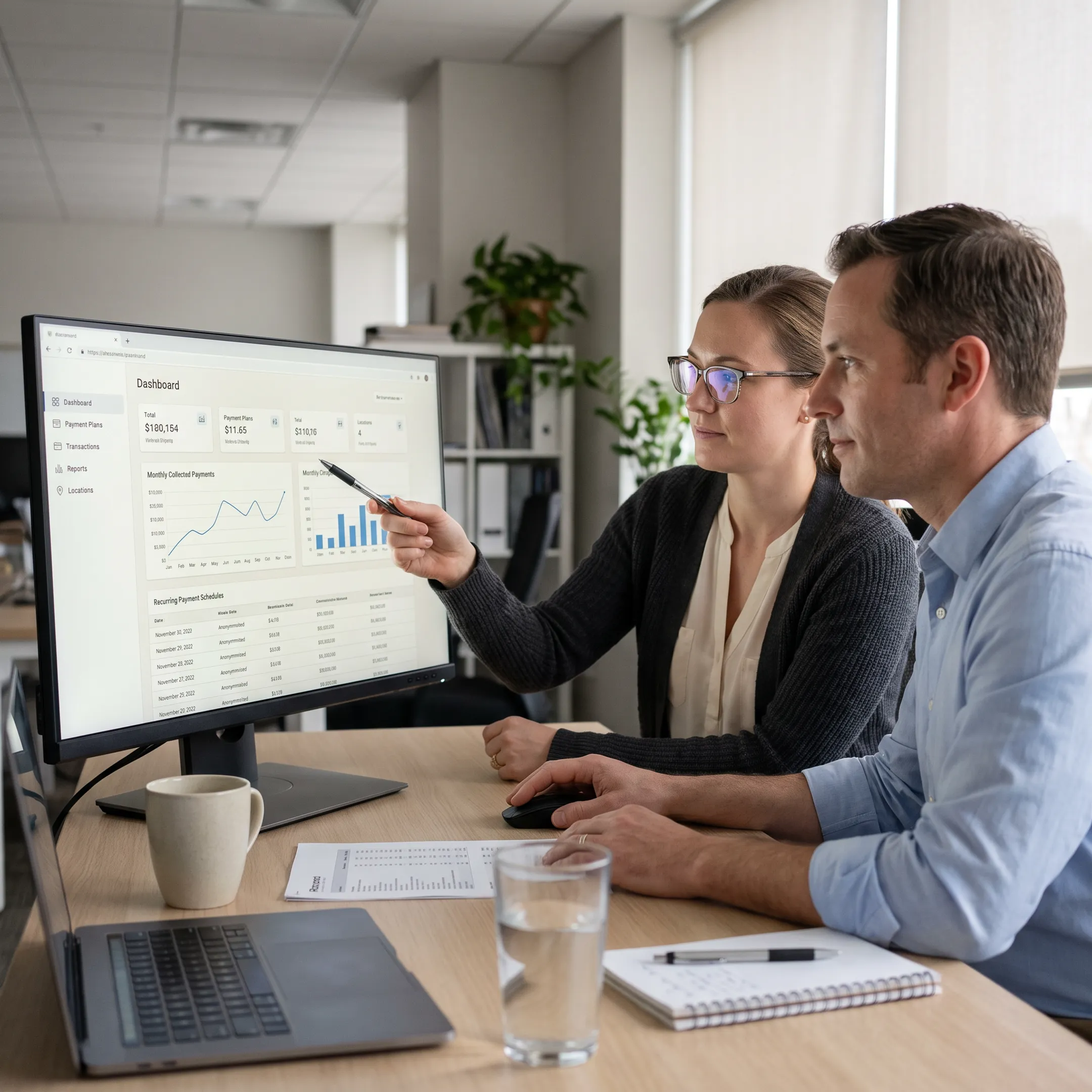 Treatment center staff reviewing automated recurring billing dashboard