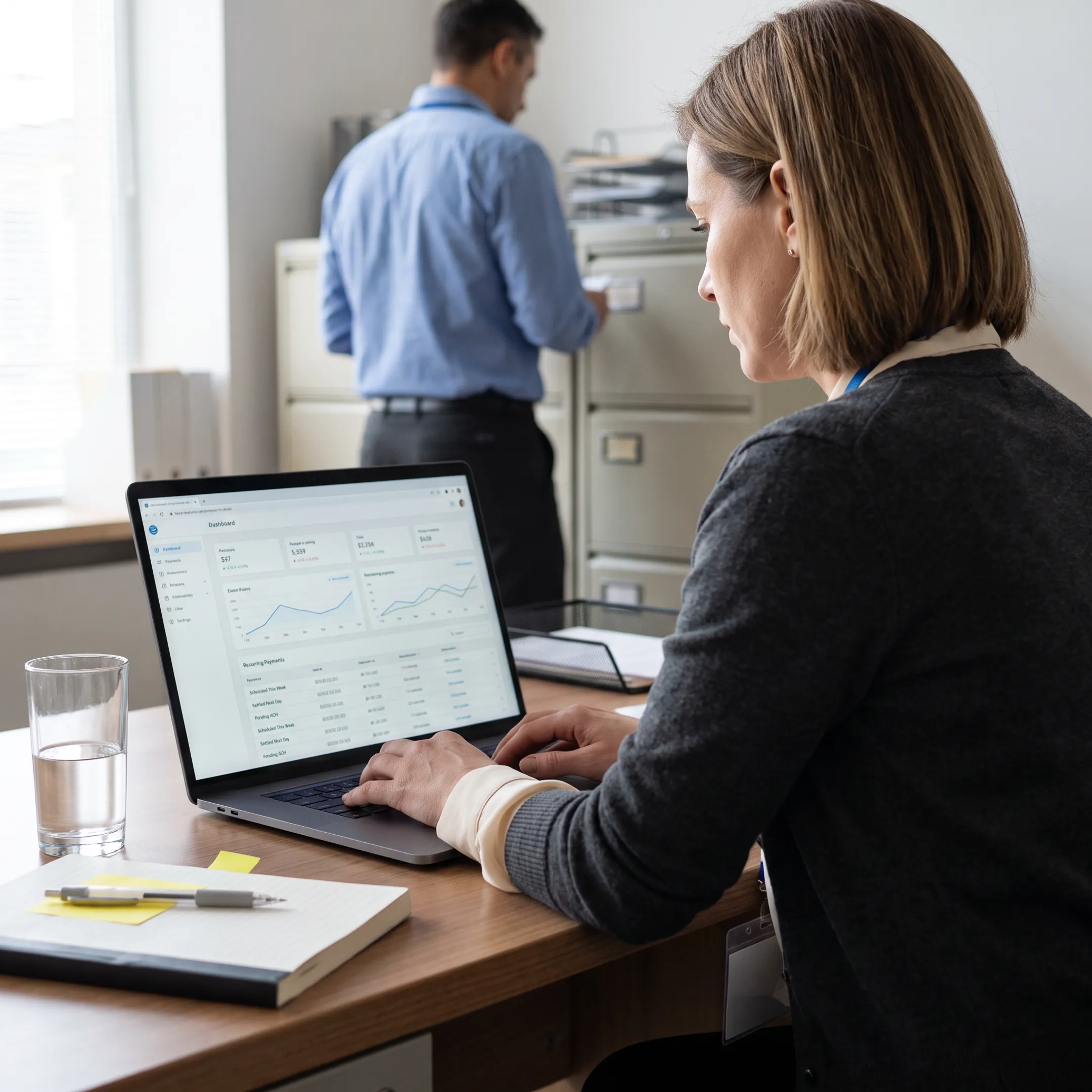 Treatment center administrator reviewing recurring patient payment activity on a secure gateway dashboard