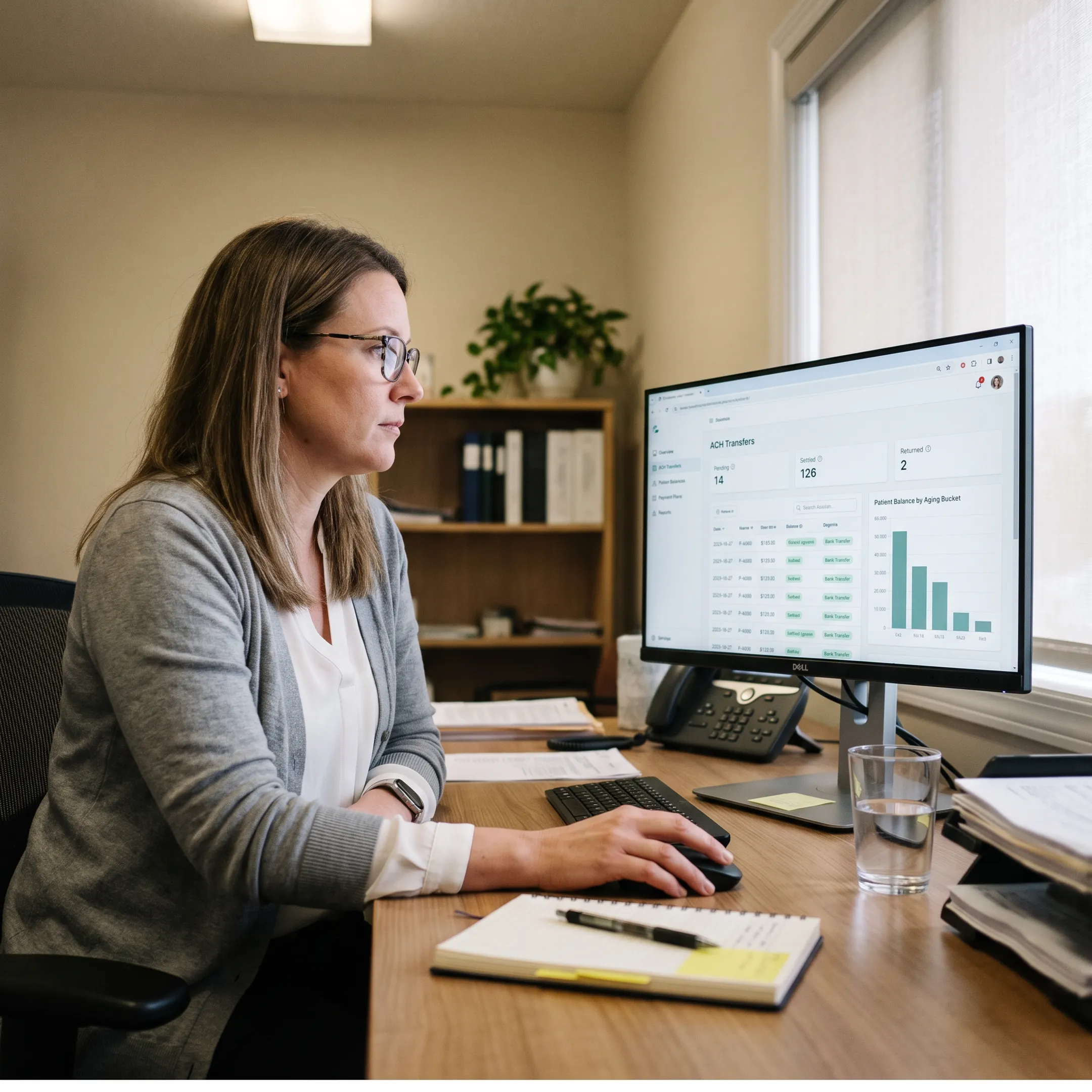 Treatment centre administrator reviewing ACH payment activity on a financial dashboard