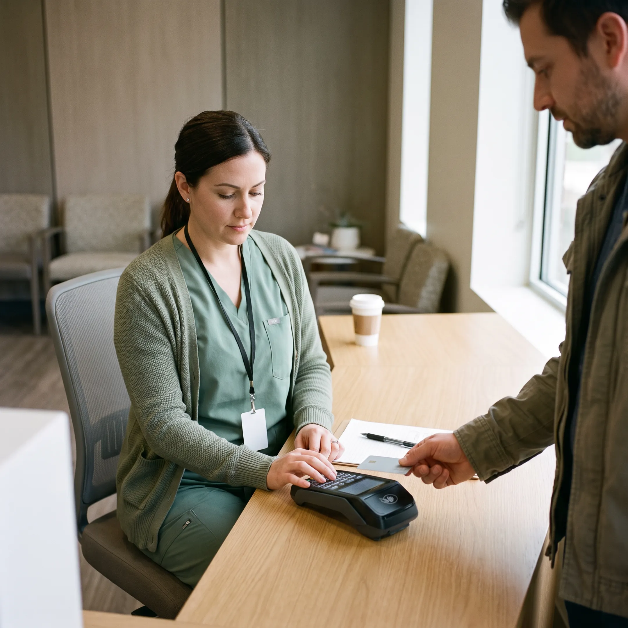 Treatment center staff using a secure debit card payment terminal