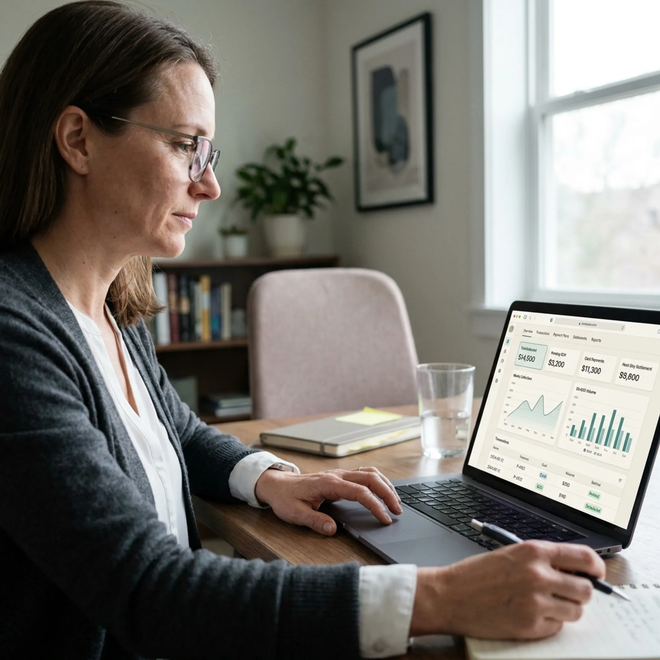 Treatment center administrator reviewing online patient payment activity on a computer