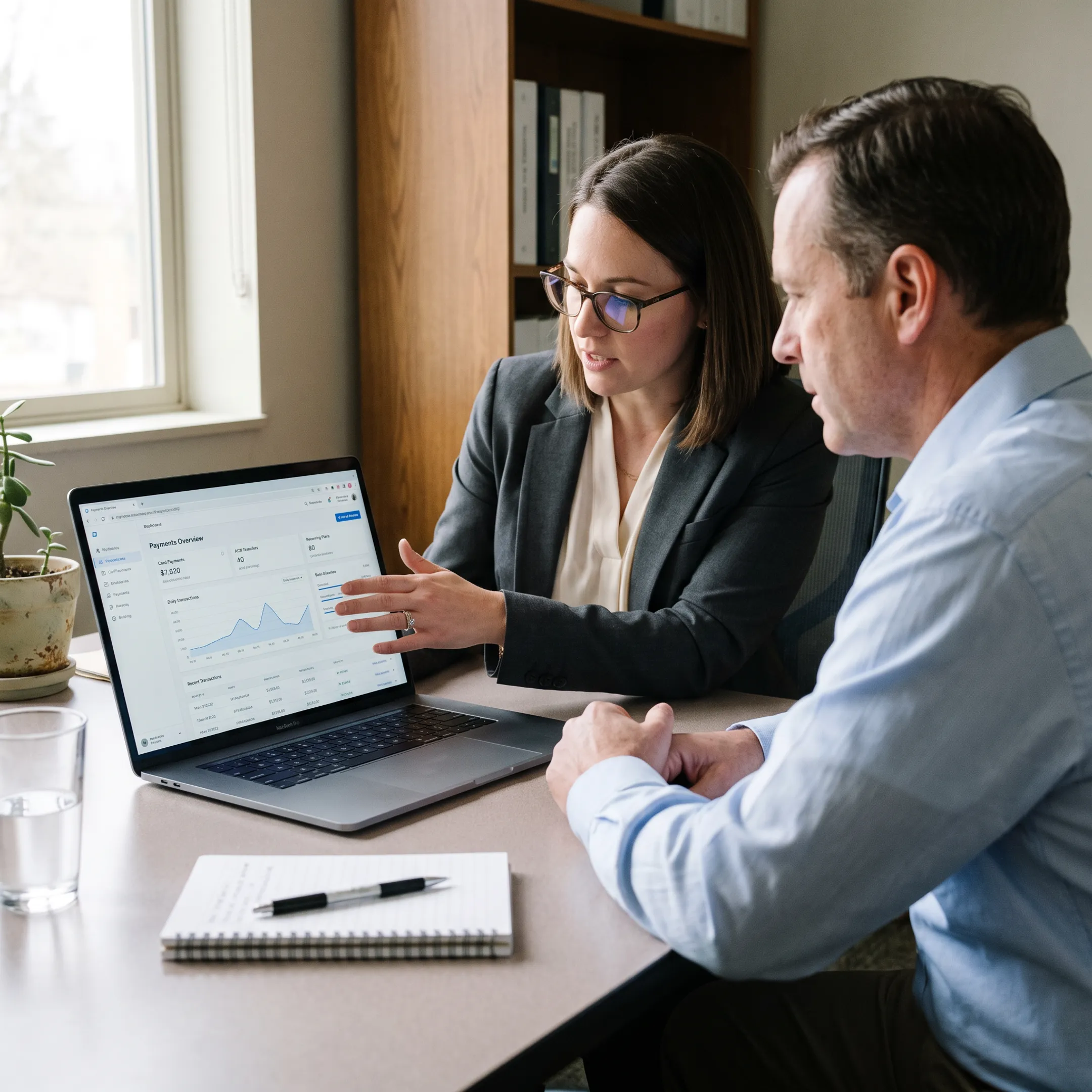 Payment specialist explaining treatment center billing options on a laptop