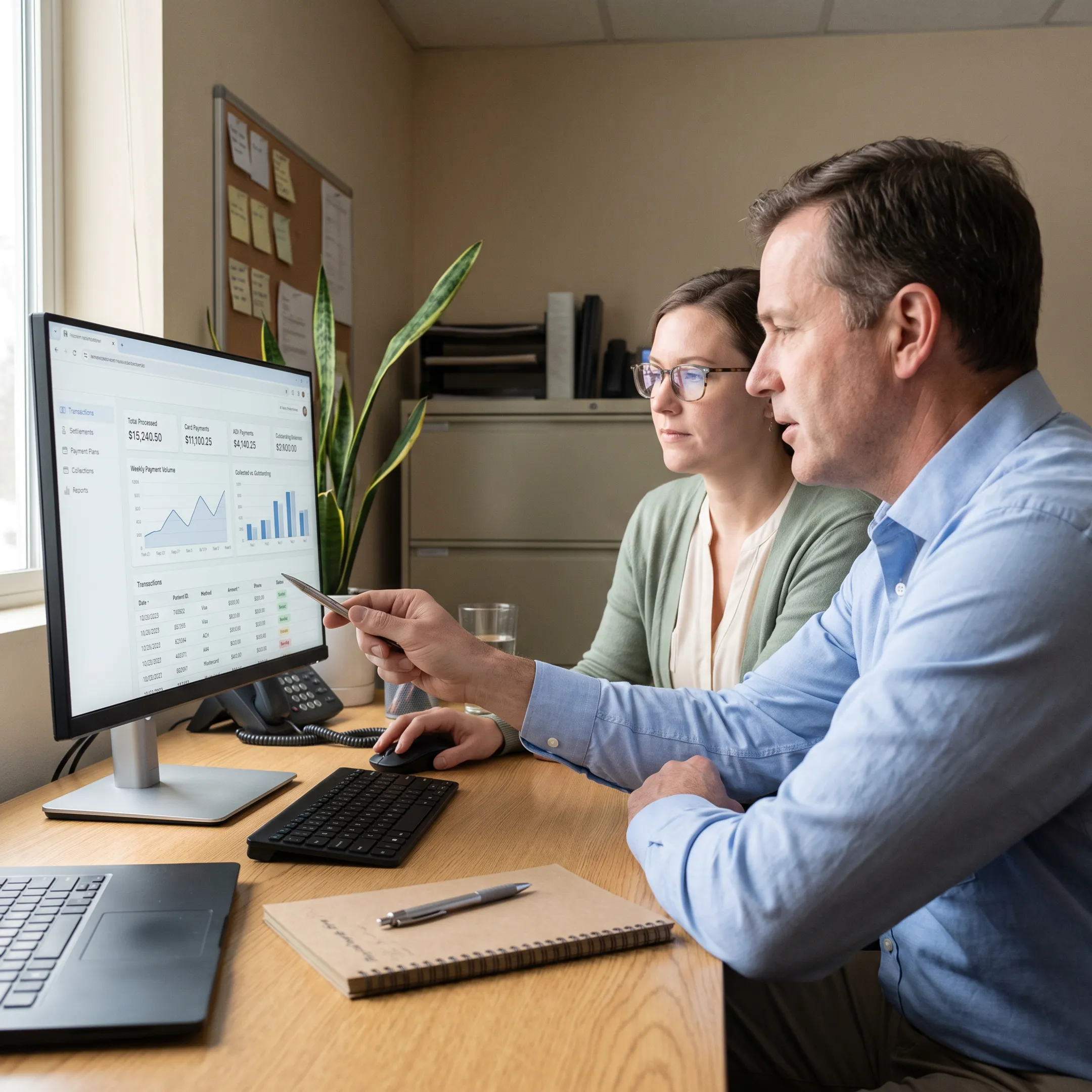 Treatment center staff reviewing online patient payment transactions