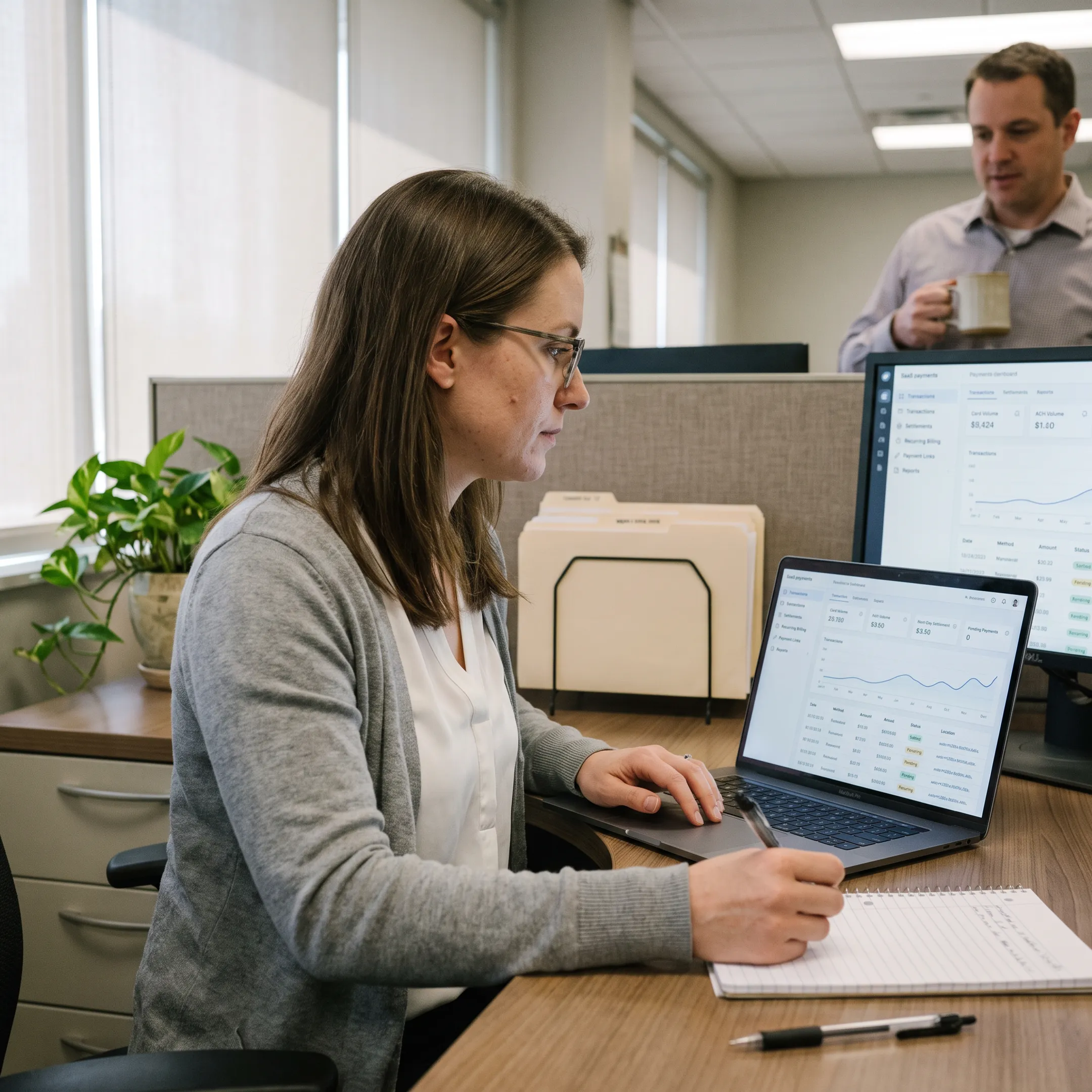 Payment specialist reviewing treatment center transactions on a secure payment dashboard