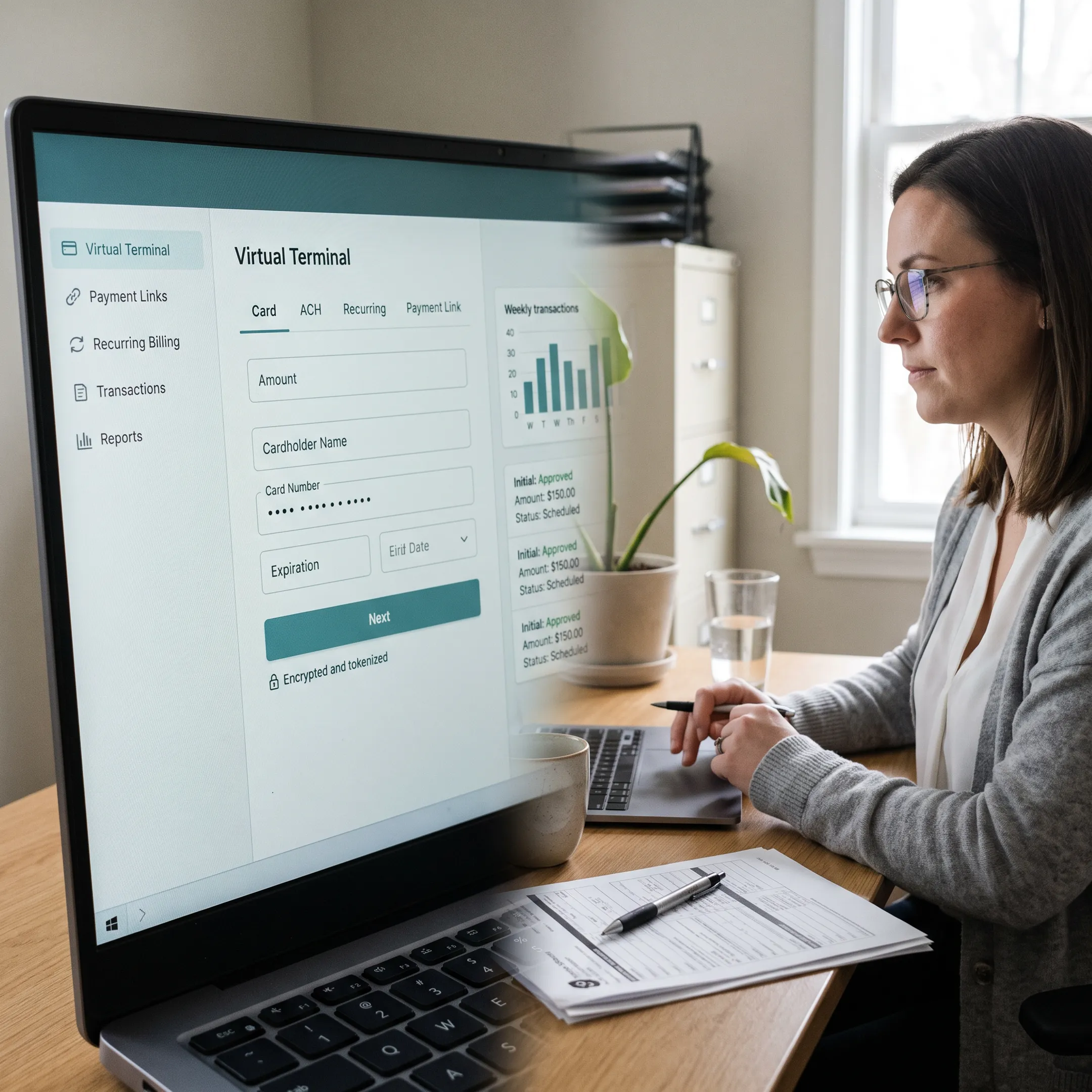 Secure virtual payment terminal screen showing treatment centre payment options