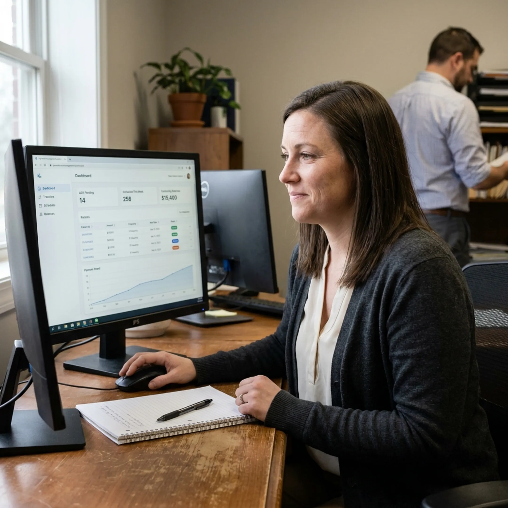 Billing specialist managing ACH payment options for a treatment center