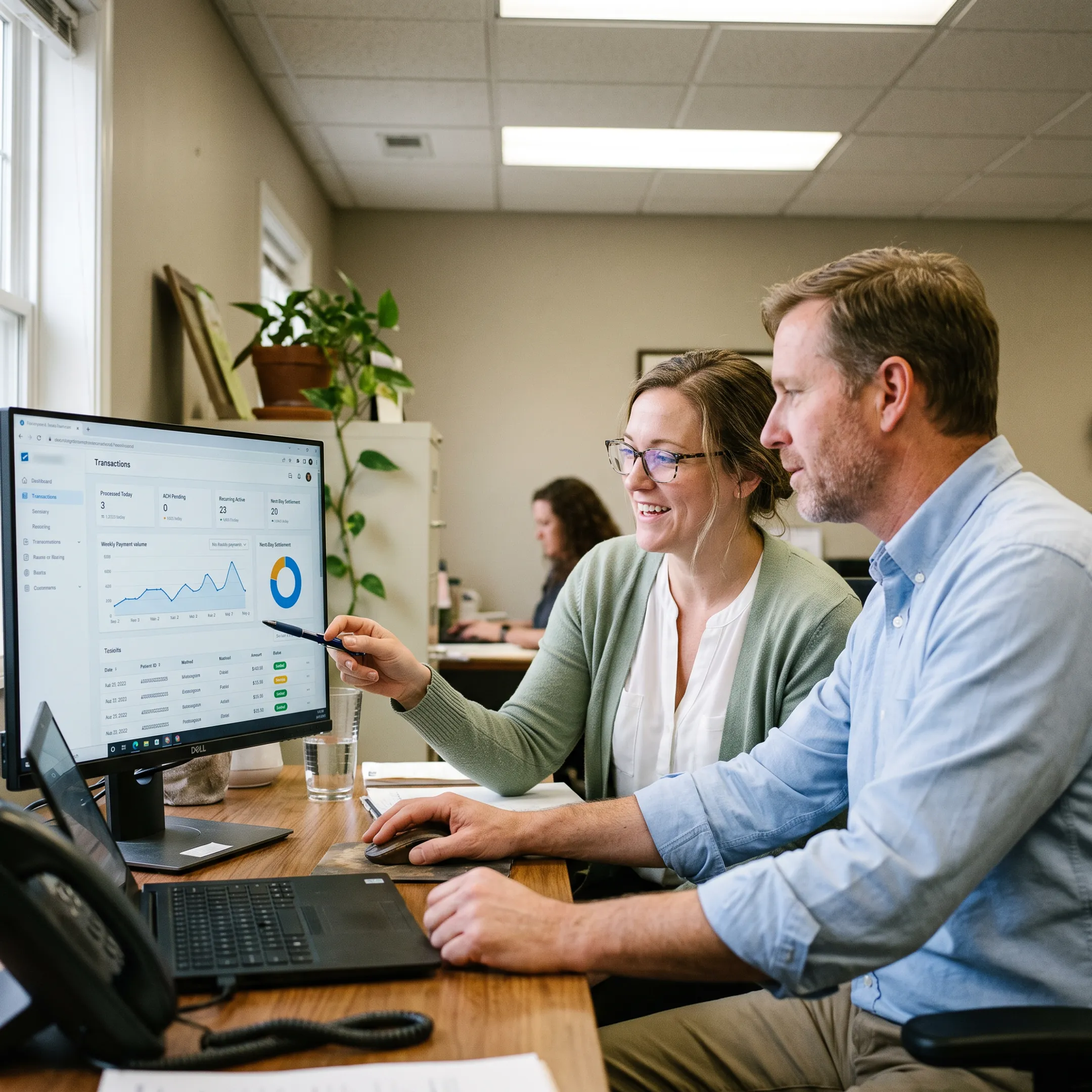 Treatment center staff reviewing ACH payment activity on a secure financial dashboard