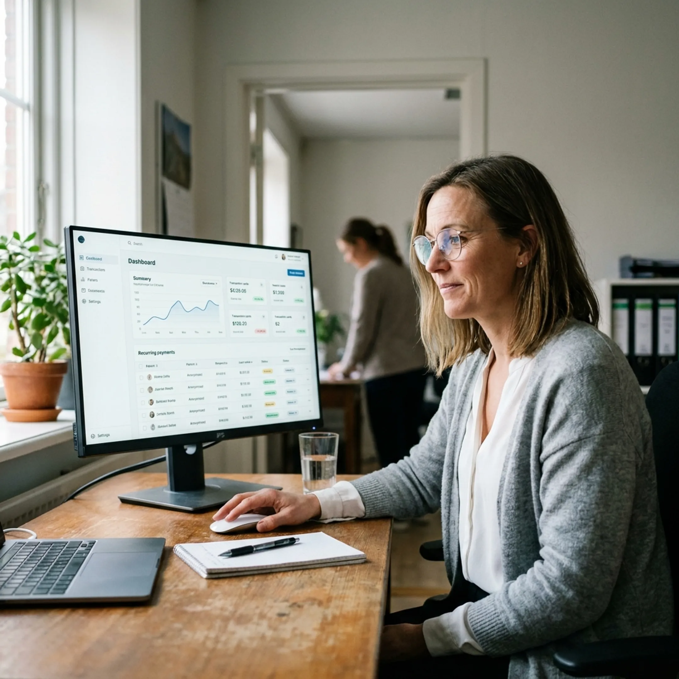 Treatment center administrator reviewing recurring payment activity on a secure billing dashboard