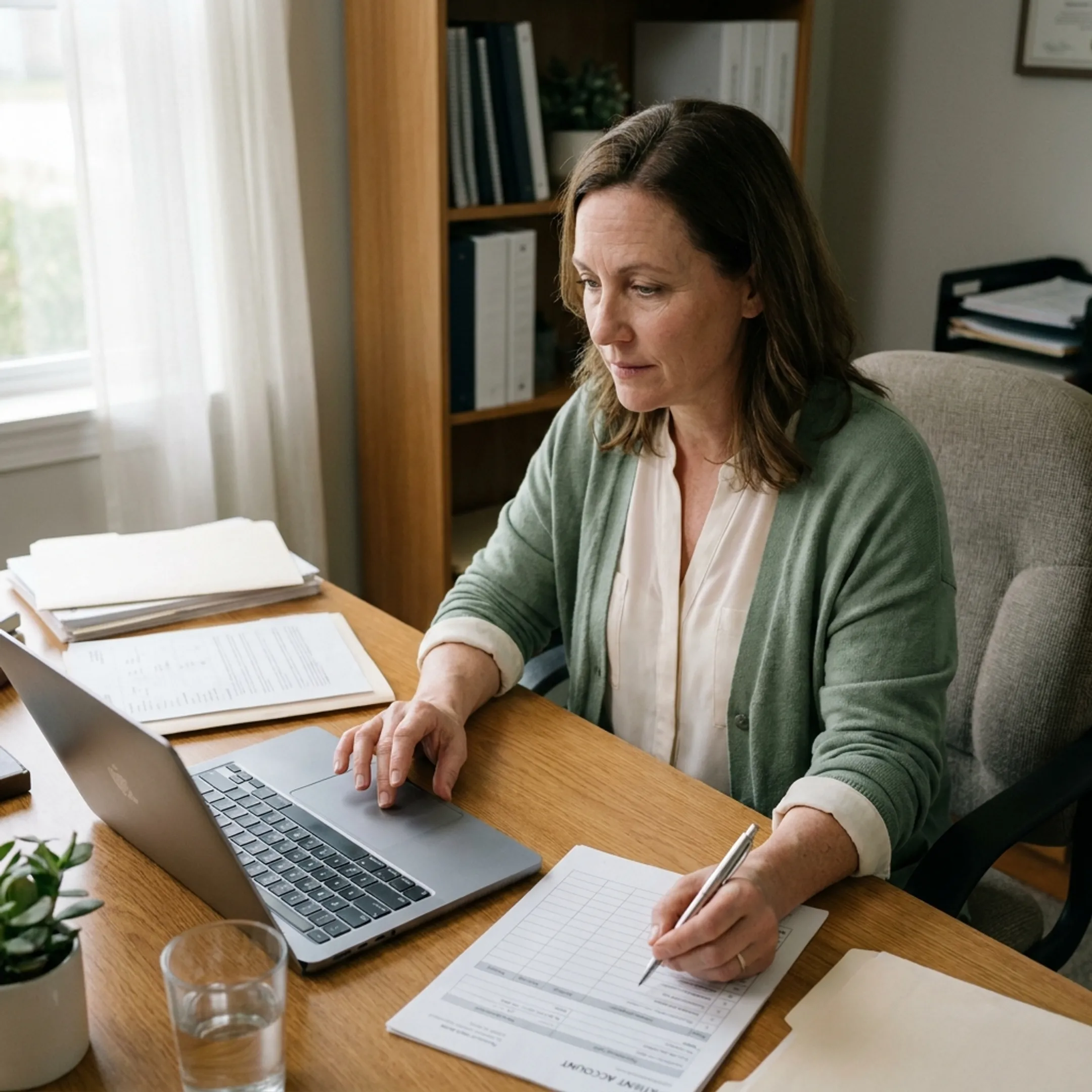 Treatment center operator reviewing secure patient payment transactions on a laptop