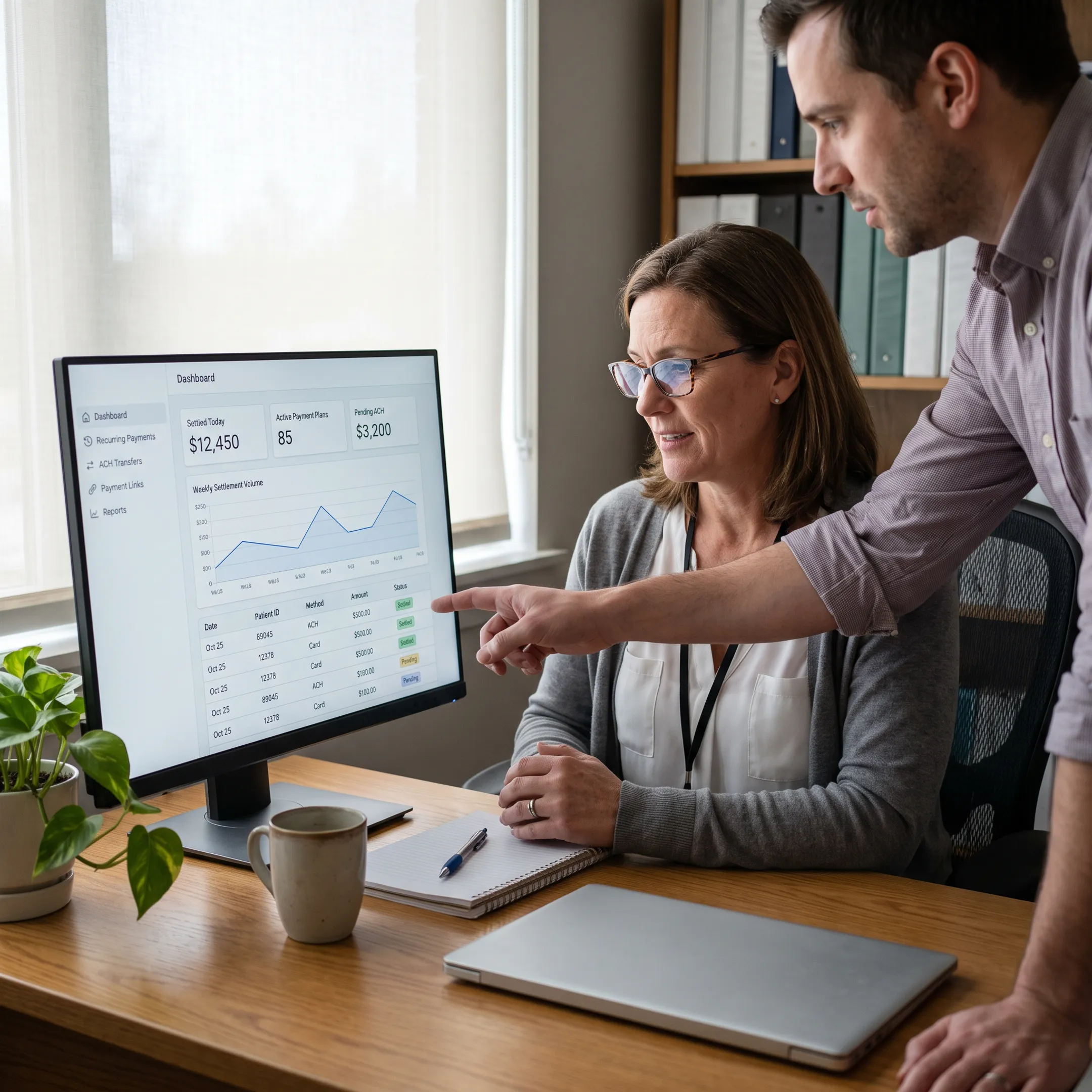 Treatment center administrator reviewing recurring patient payment activity on a secure dashboard