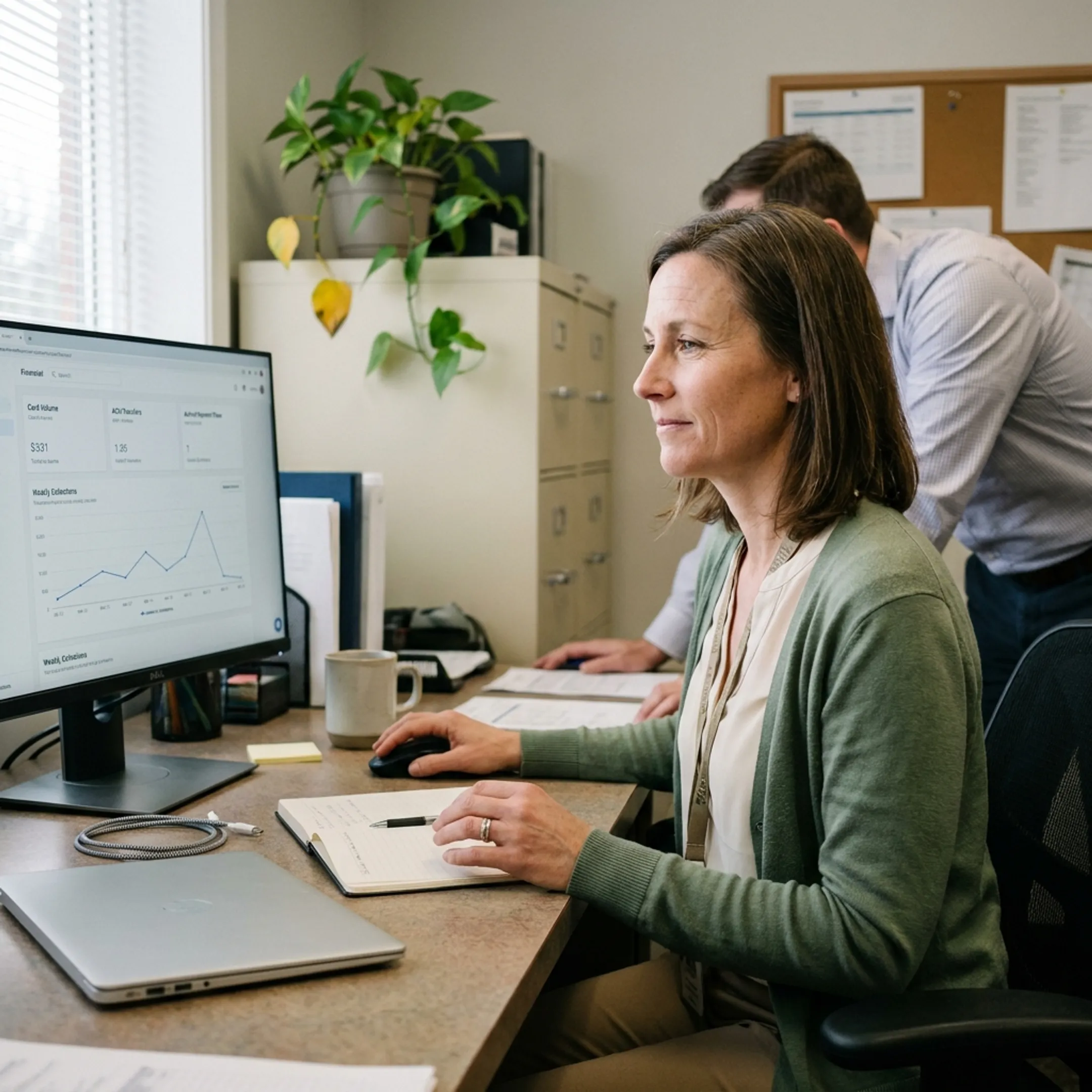 Treatment center administrator managing patient payment options