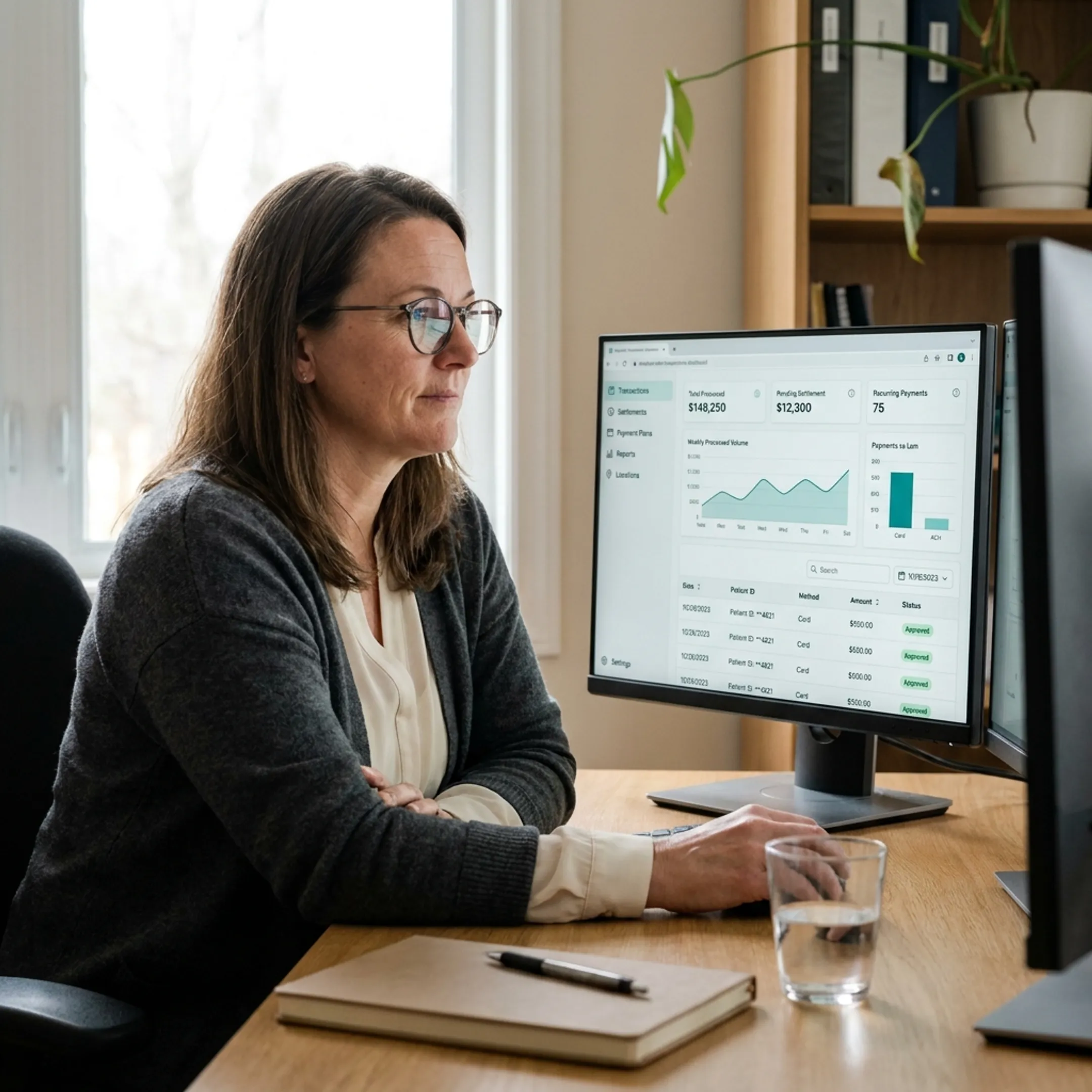 Treatment center administrator reviewing patient payment transactions on a secure digital dashboard