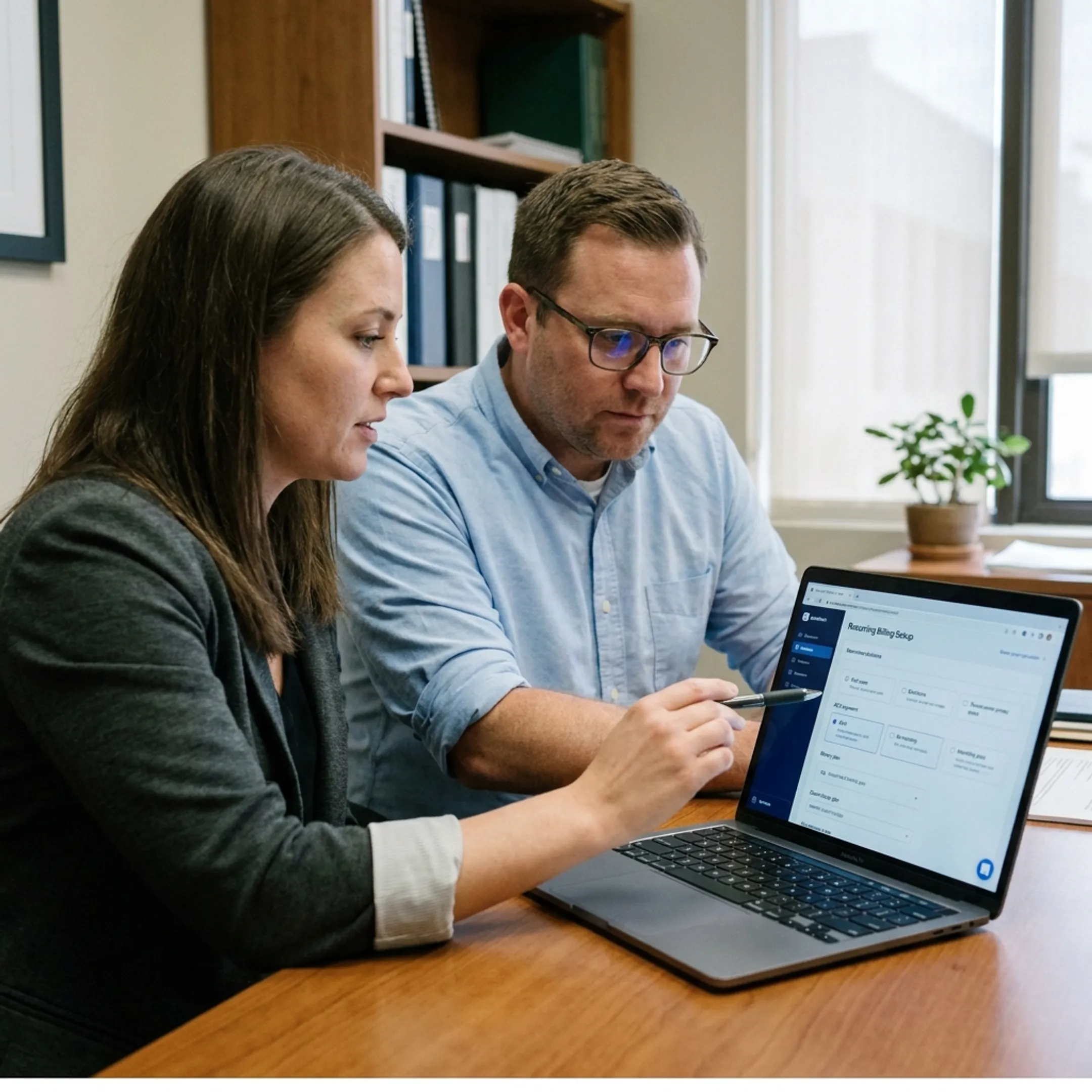 Payment specialist helping a treatment center administrator configure secure billing tools