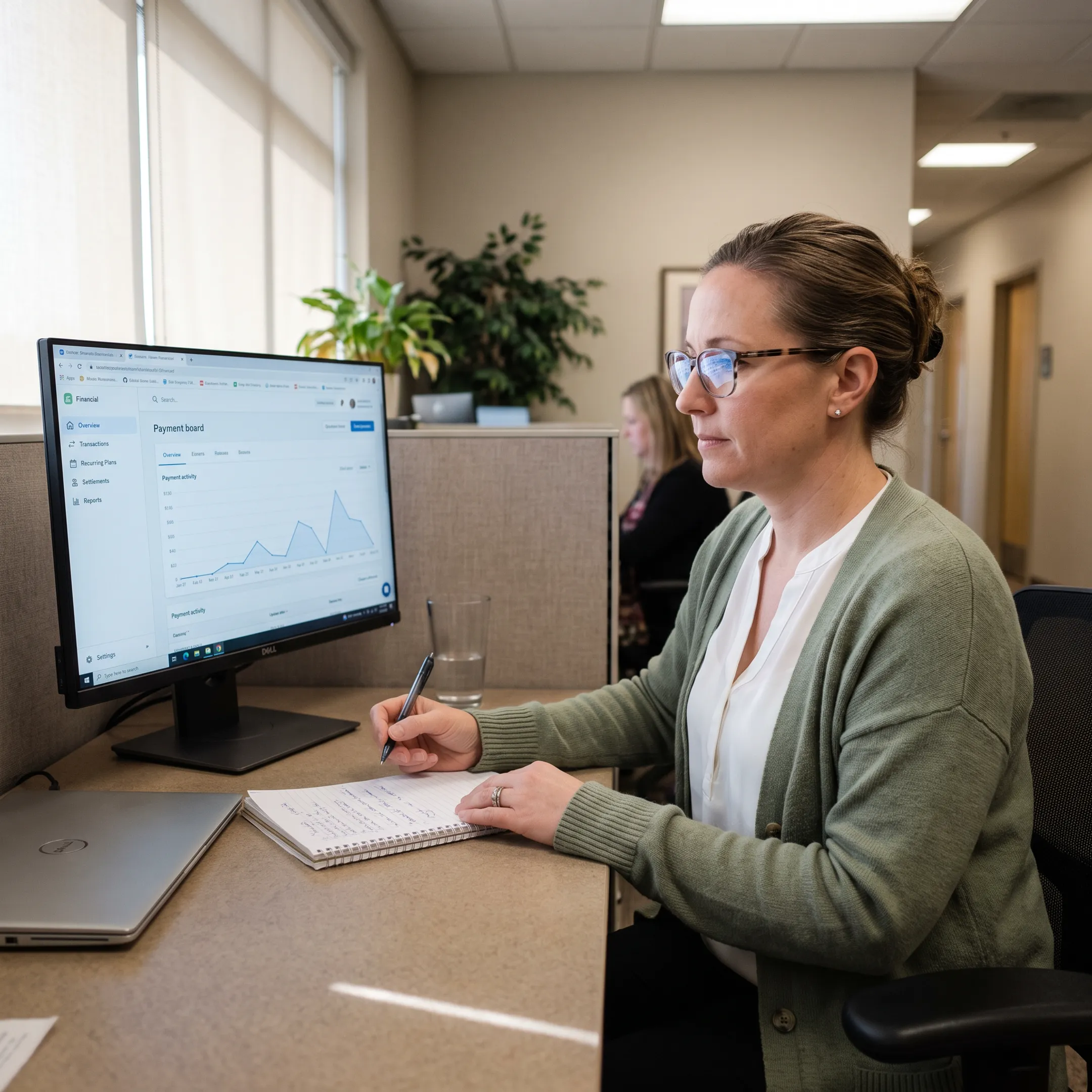 Treatment center administrator reviewing secure billing and payment information on a computer