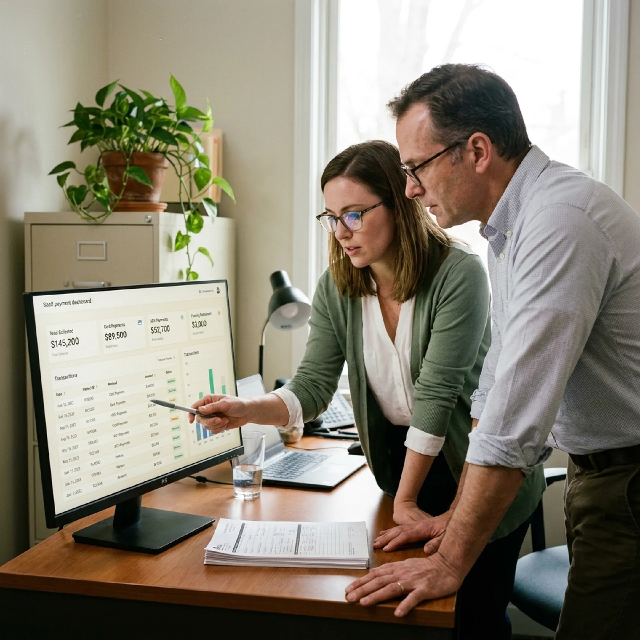 Treatment center staff reviewing patient payment collection activity on a secure financial dashboard