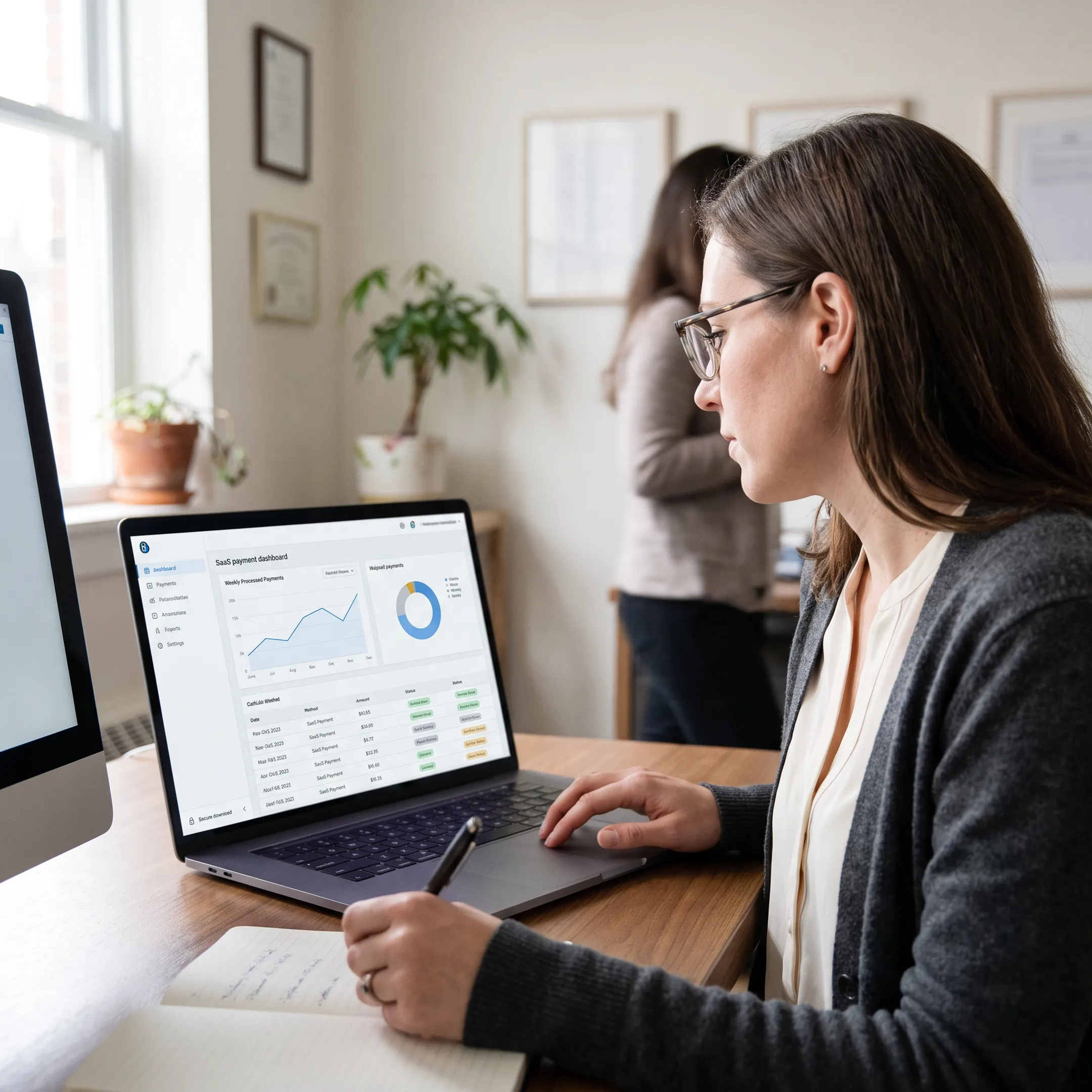 Payment specialist reviewing treatment center card processing dashboard